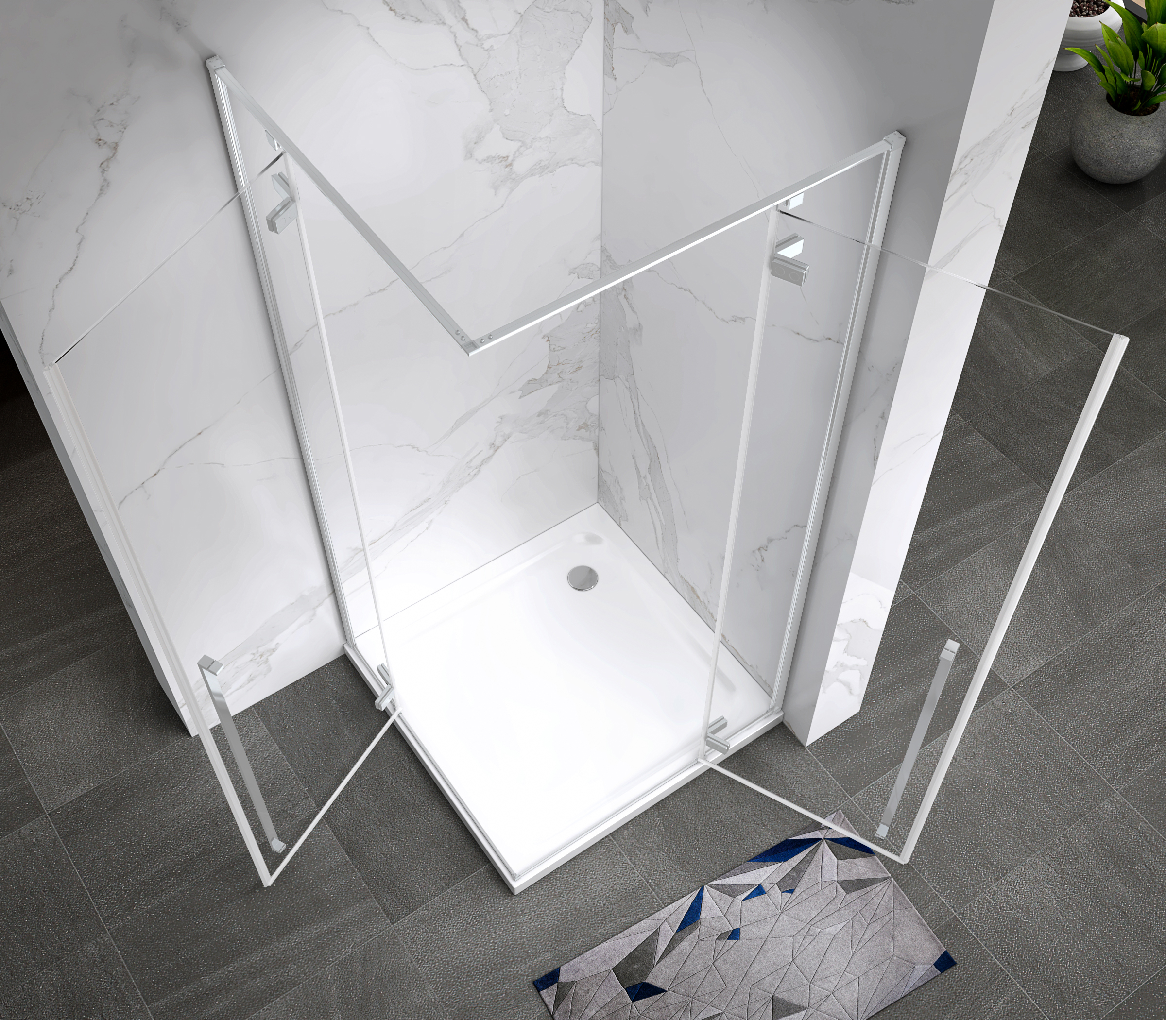 Eckeinstieg Jayla mit Drehtüren und weißen Profilen aus ESG Sicherheitsglas 190 cm-100x100 cm Jayla – Eckeinstieg mit Drehtüren und weißen Profilen aus ESG Sicherheitsglas
