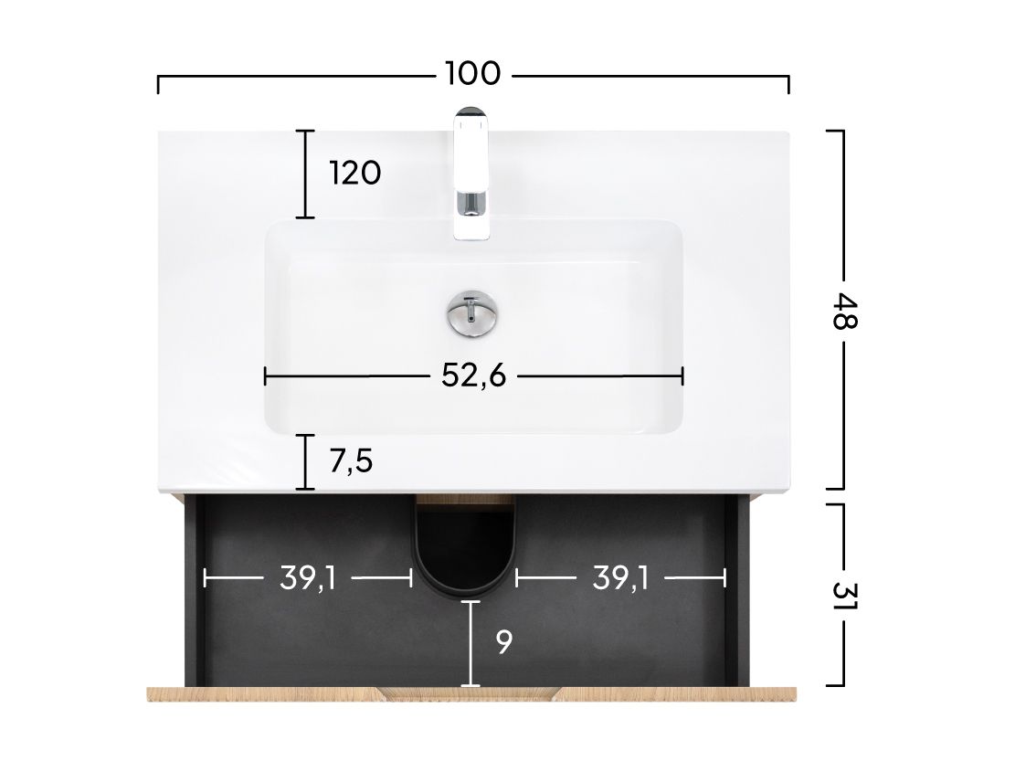 Modular – Badmöbelset Tália – Weißer Resin-Waschtisch, Wandhängender Schrank in Eichenfarbe, Rundspiegel & Seitenmodul (60/80/100 cm)