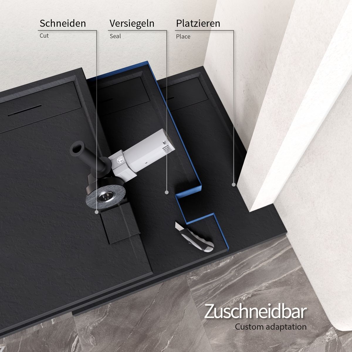 SMC Duschwanne Hiemal in Schieferoptik inkl. Ablaufgarnitur Schwarz 90x90 cm