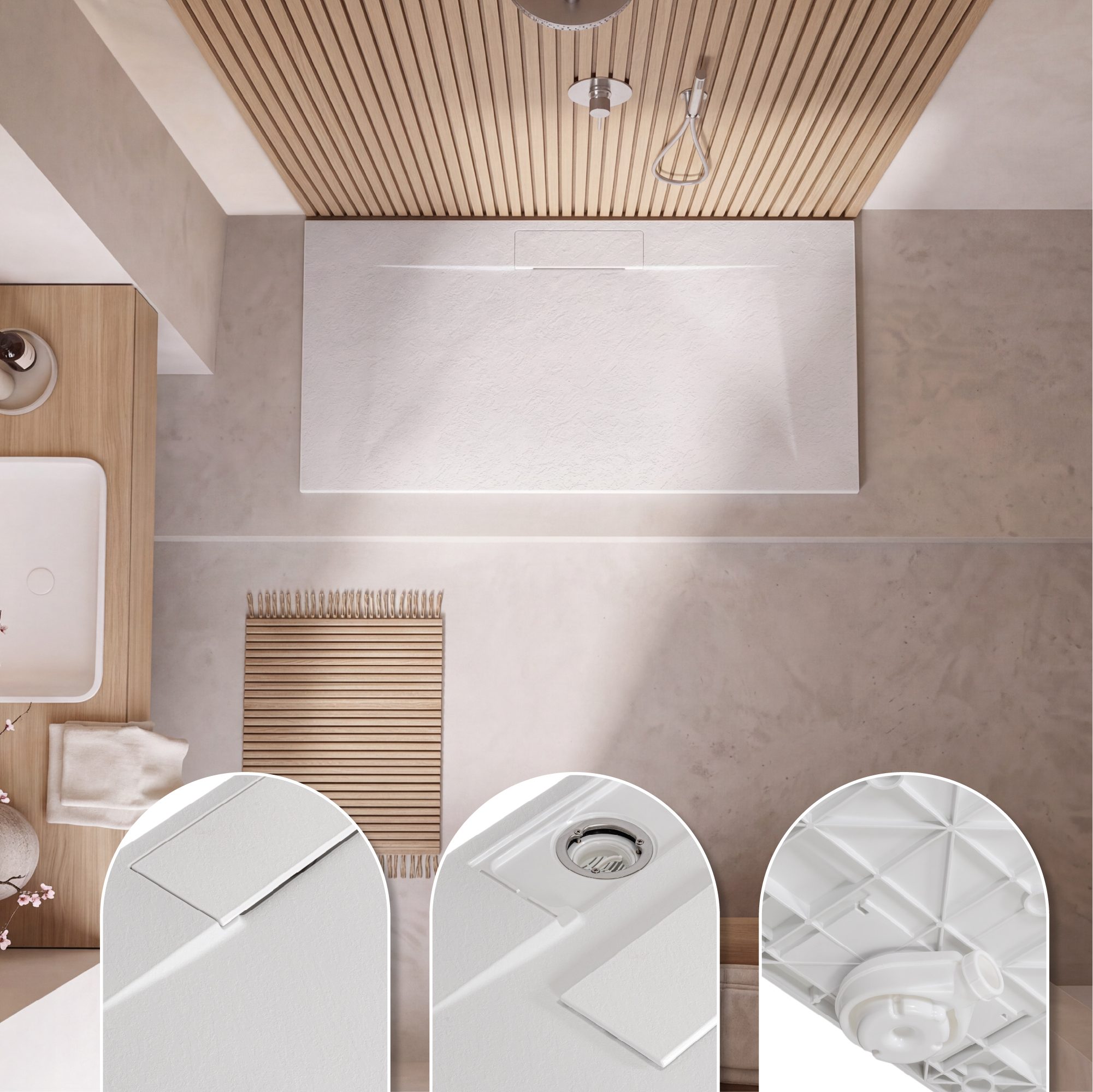 SMC Shower Tray Polar in Stone Look with Drain Assembly - White