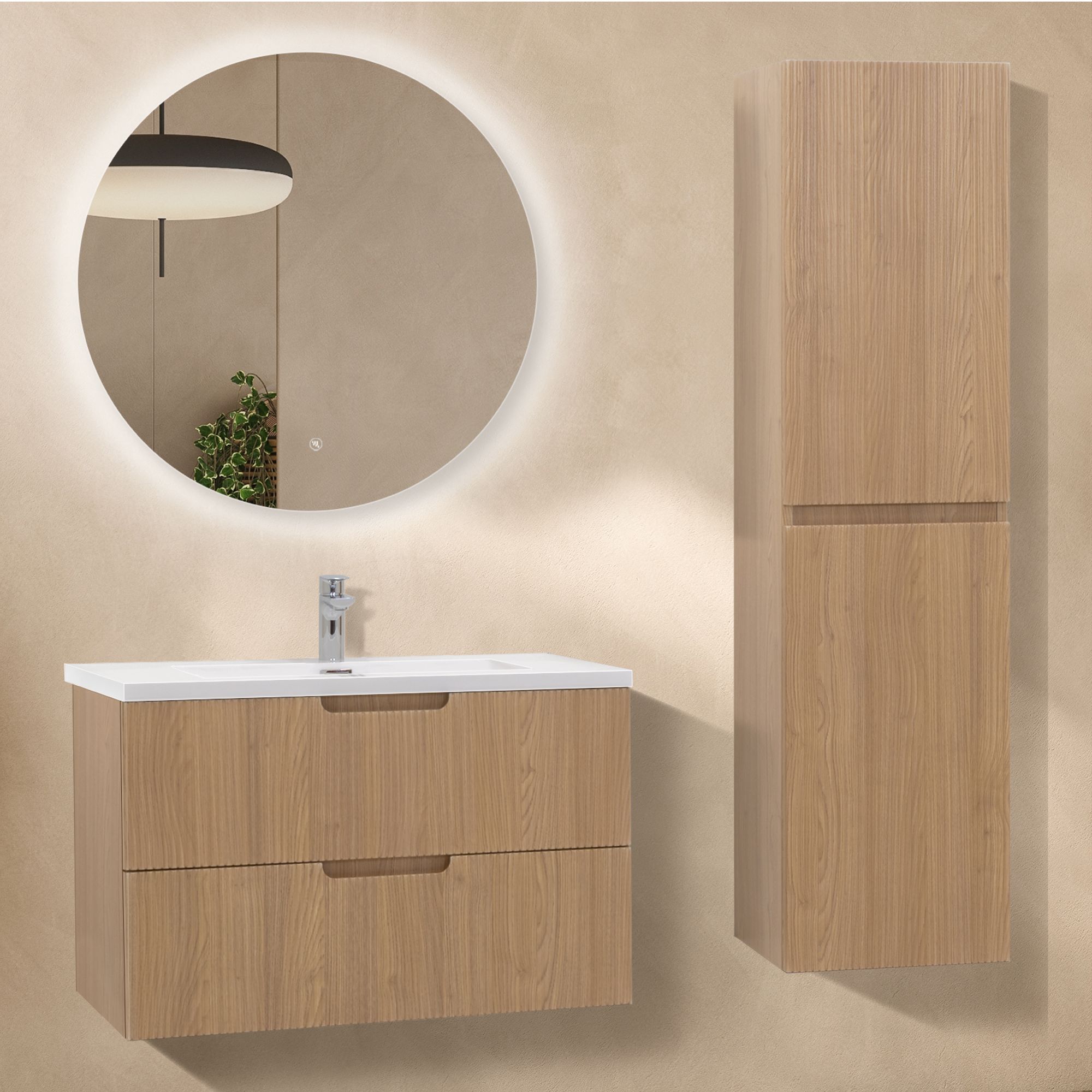 Badmöbelset Tália Modular – Weißer Resin-Waschtisch, Wandhängender Schrank, Rundspiegel & Seitenmodul (60/80/100 cm) Modular – Badmöbelset Tália – Weißer Resin-Waschtisch, Wandhängender Schrank in Eichenfarbe, Rundspiegel & Seitenmodul (60/80/100 cm)