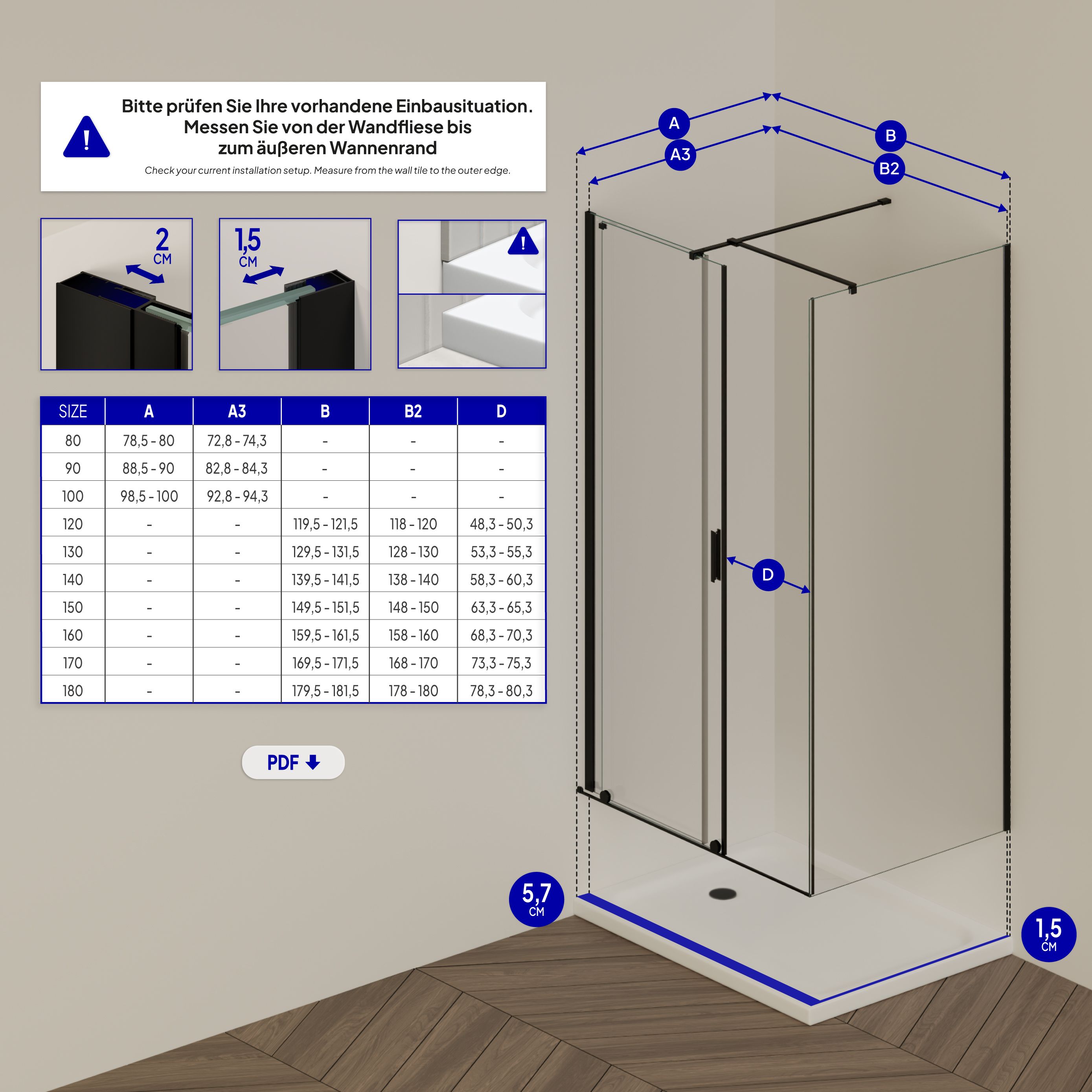 Front-entry NADINE with sliding door in black made of 8mm tempered clear glass.