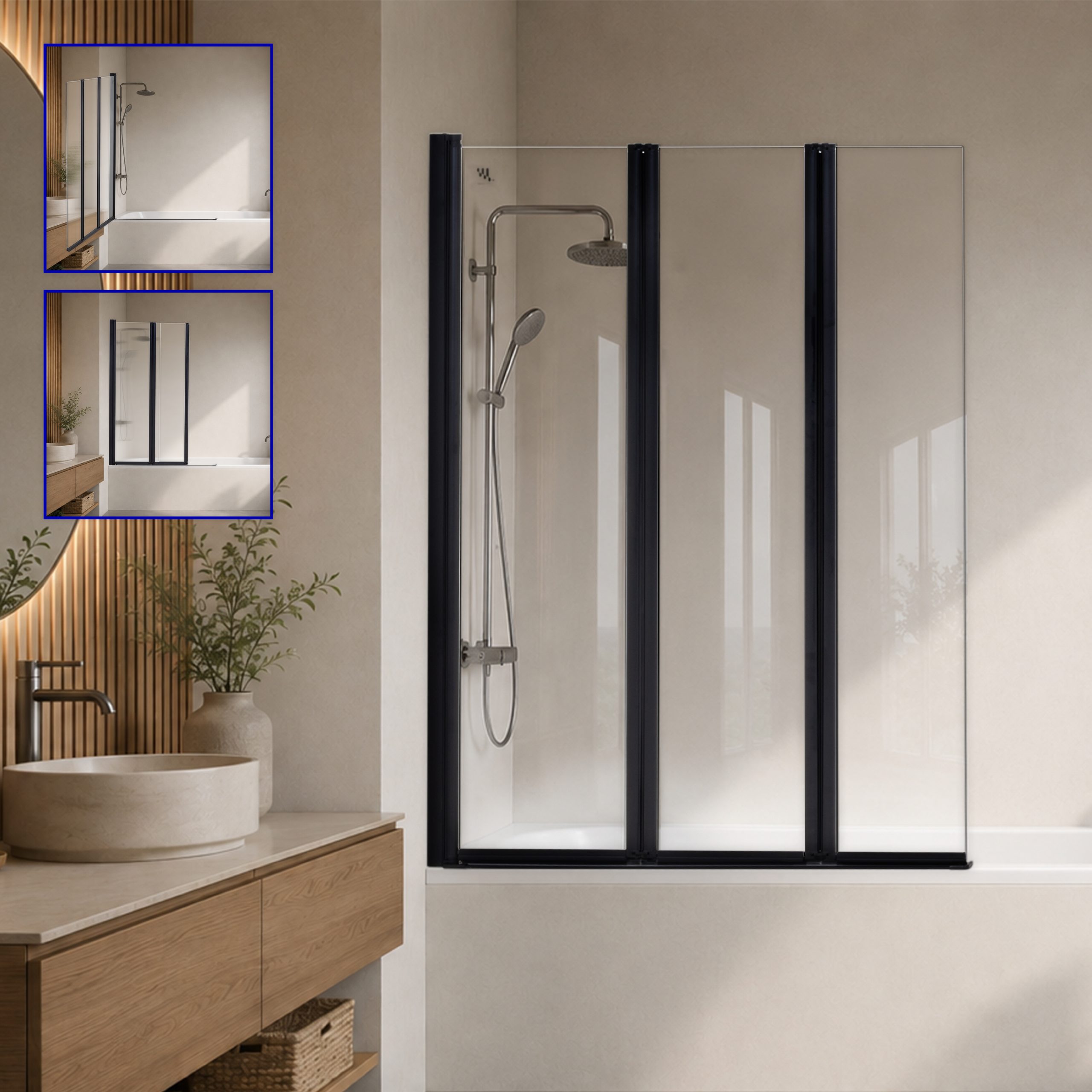 Badewannenabtrennung Petra, 3-teilig faltbar und pendelbar mit 6 mm ESG Klarglas und verchromten Profilen