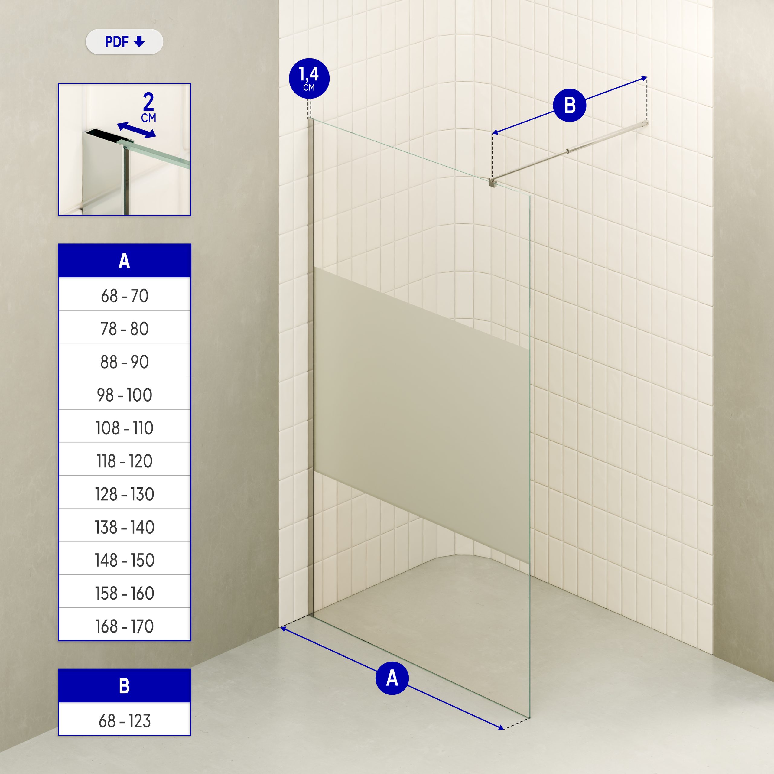 Fiona – Walk-In Shower made of 10 mm thick partially frosted ESG safety glass and stainless steel profile.