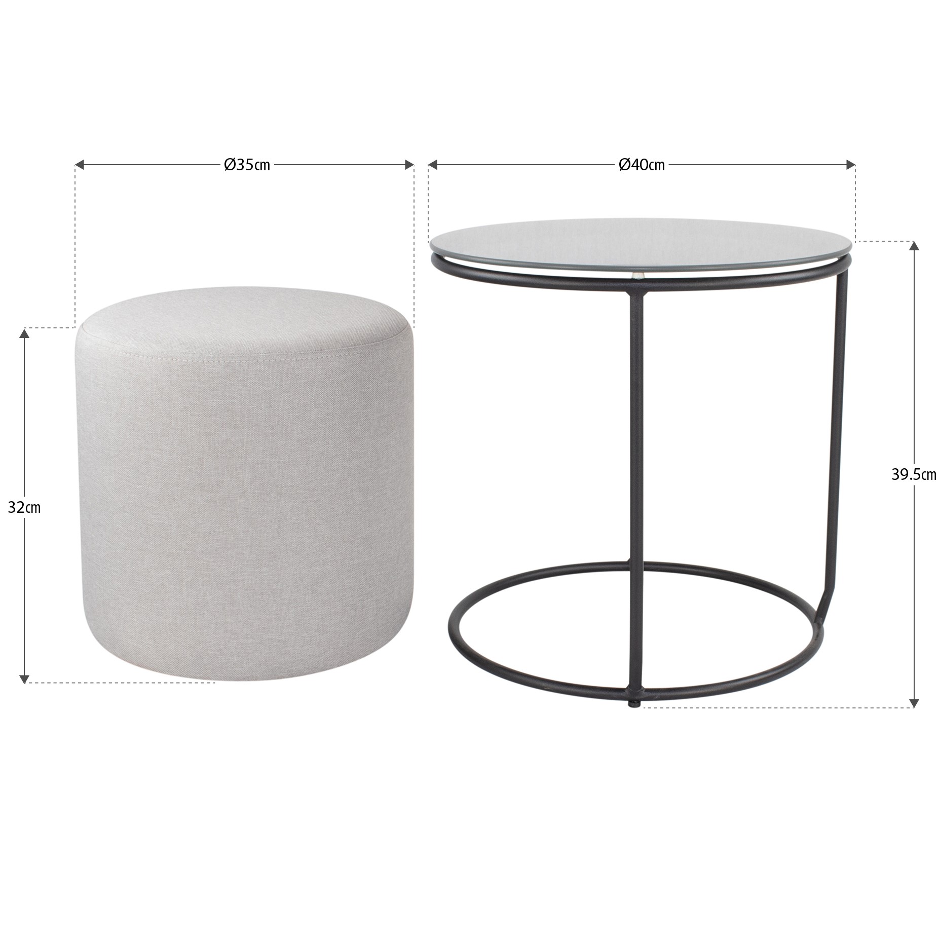 Beistelltisch mit Hocker JASPER runder Couchtisch 40x40 cm Schwarz-Grau N7