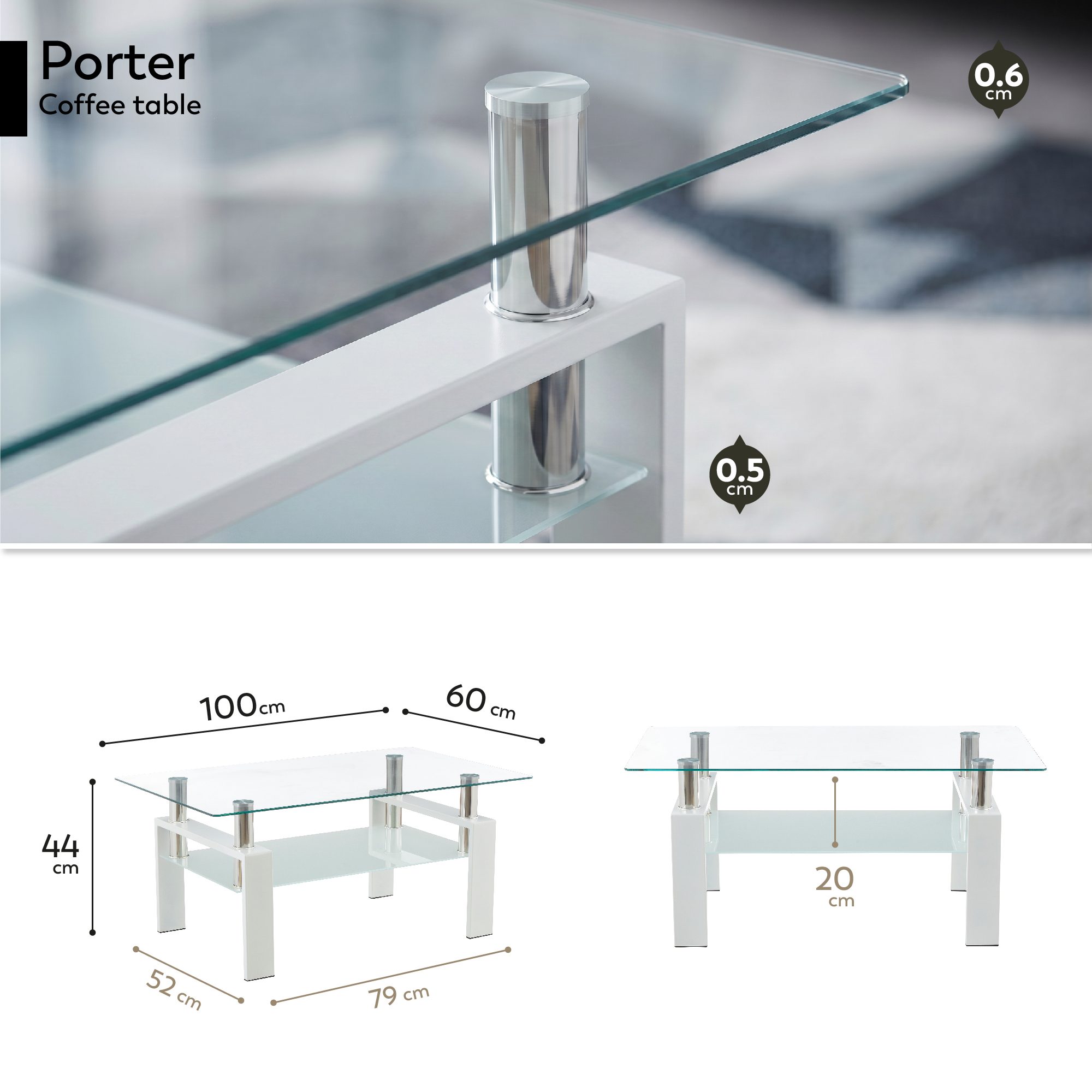 Coffee Table PORTER made of Glass/Metal with White Wood