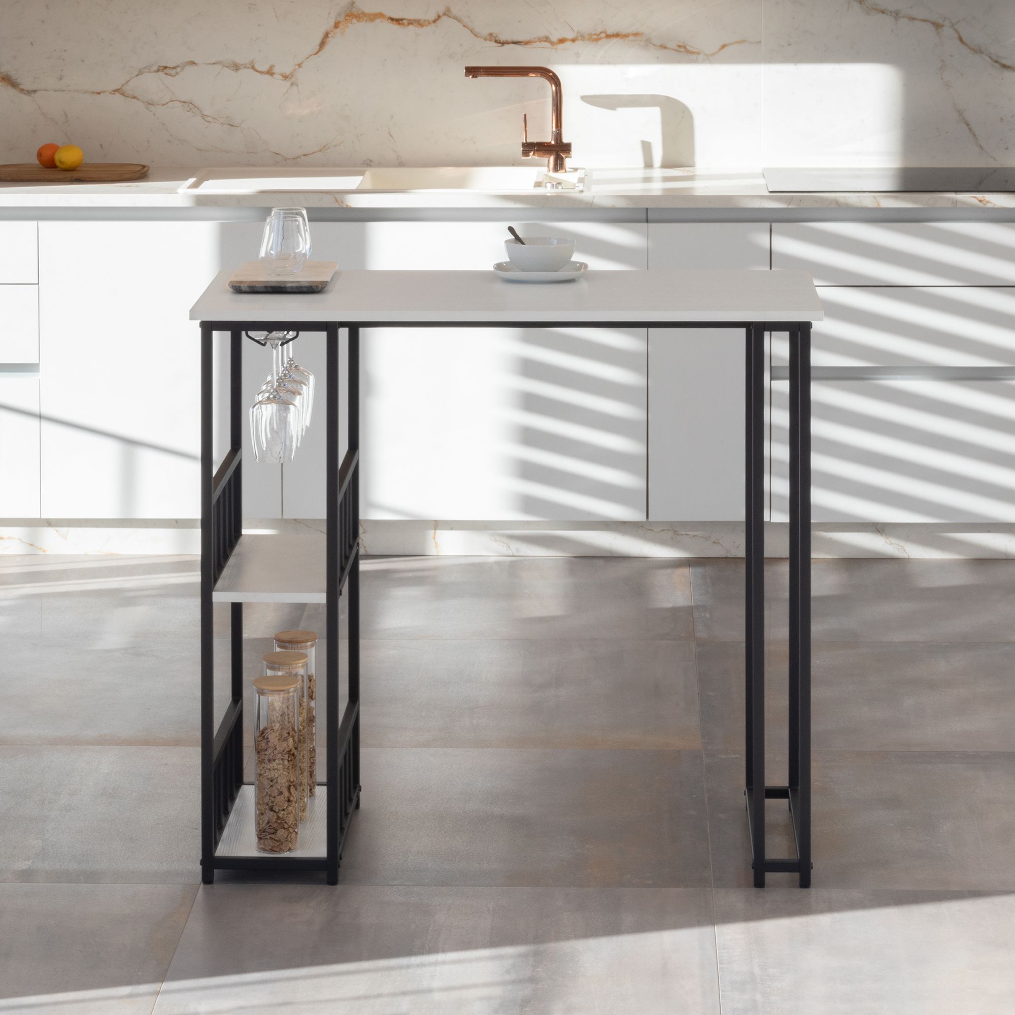 i-flair Standing Table Bar Table Gavin – Standing Table with Steel Frame and 2 Shelves & Glass Holder in White