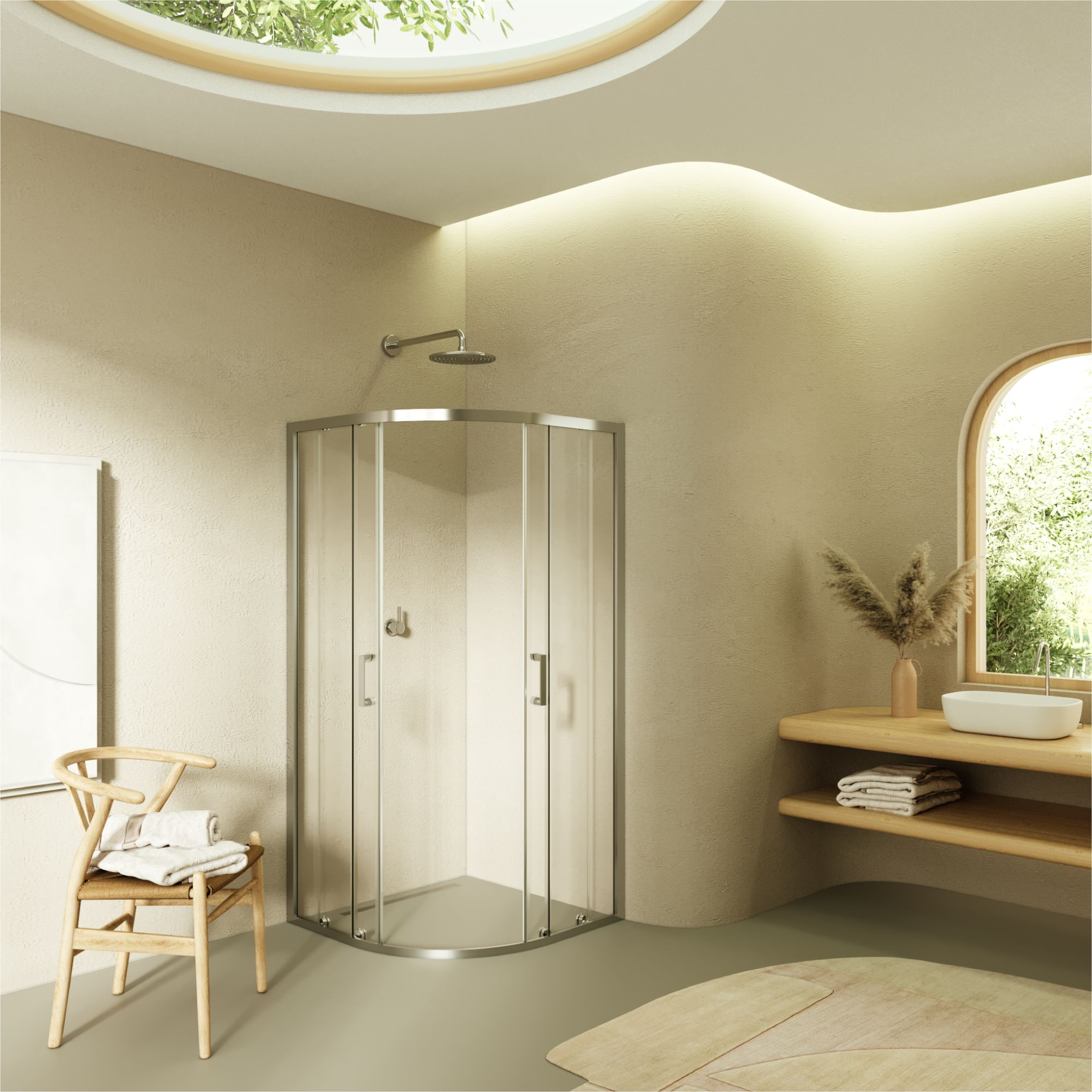 Viertelkreisdusche Ella mit Schiebetüren aus ESG Sicherheitsglas Viertelkreisdusche Ella mit Schiebetüren aus ESG Sicherheitsglas