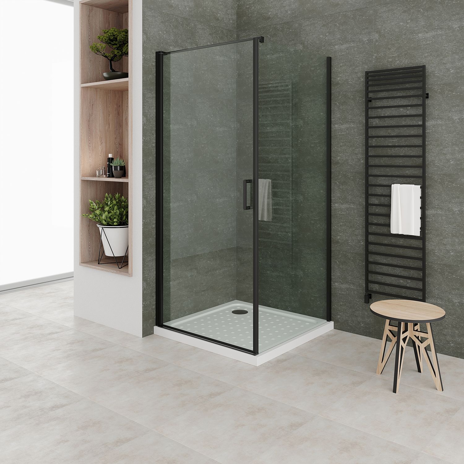 Fronteinstieg Hellen mit Klapptür und schwarzen Profilen aus ESG Sicherheitsglas Fronteinstieg Hellen mit Klapptür und schwarzen Profilen aus ESG Sicherheitsglas