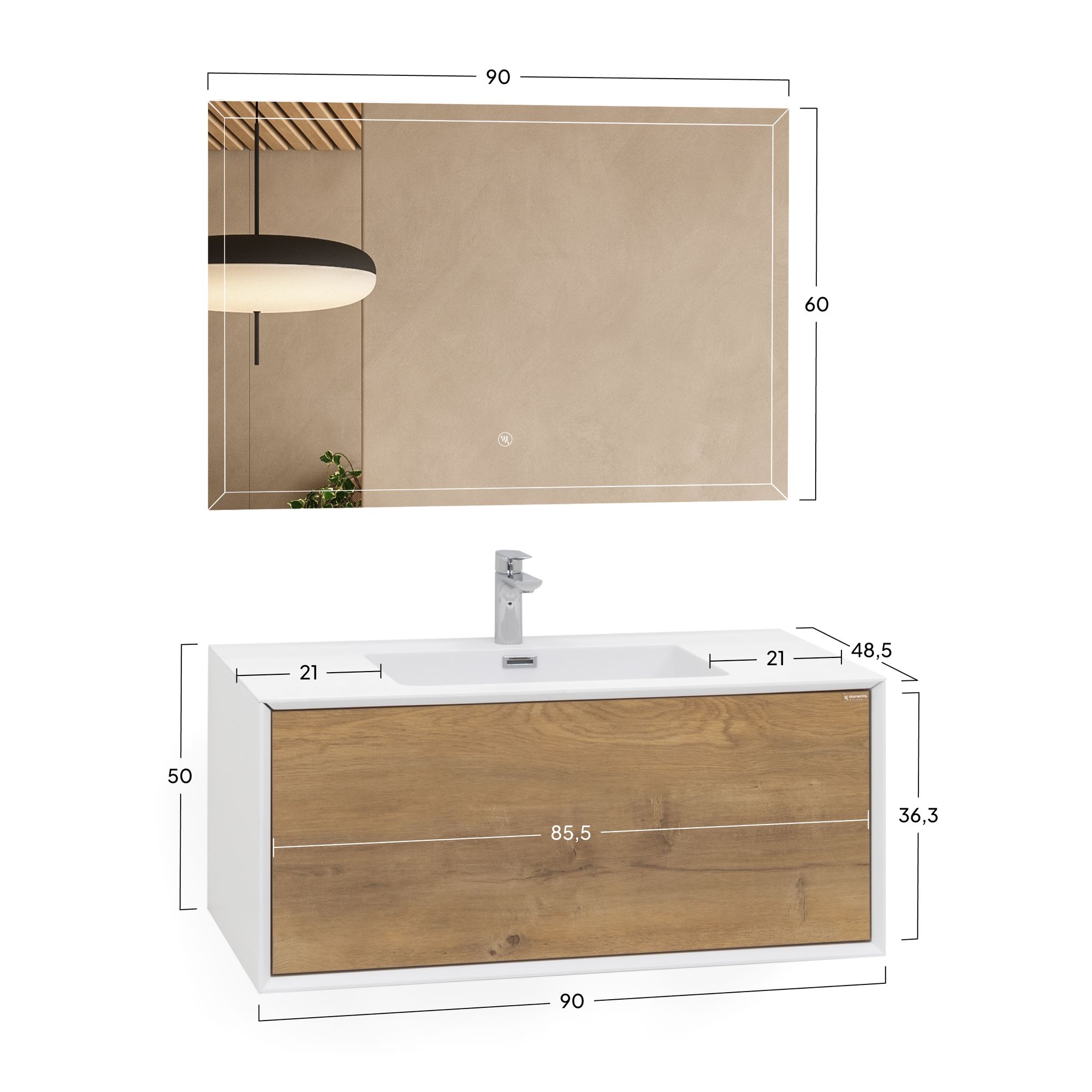 Badmöbelset Hebe 90 cm – Weiß Matt & Eiche, Mineralguss-Waschbecken & LED-Antibeschlag-Spiegel Badmöbelset Hebe 90 cm – Weiß Matt & Eiche, Mineralguss-Waschbecken & LED-Antibeschlag-Spiegel