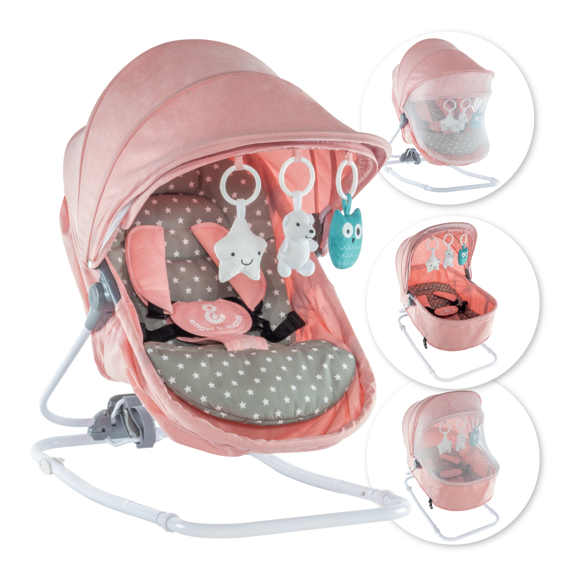 Babywippe PAVO mit Wiegenfunktion und Spielebogen Rosa + Grau weiße Sterne