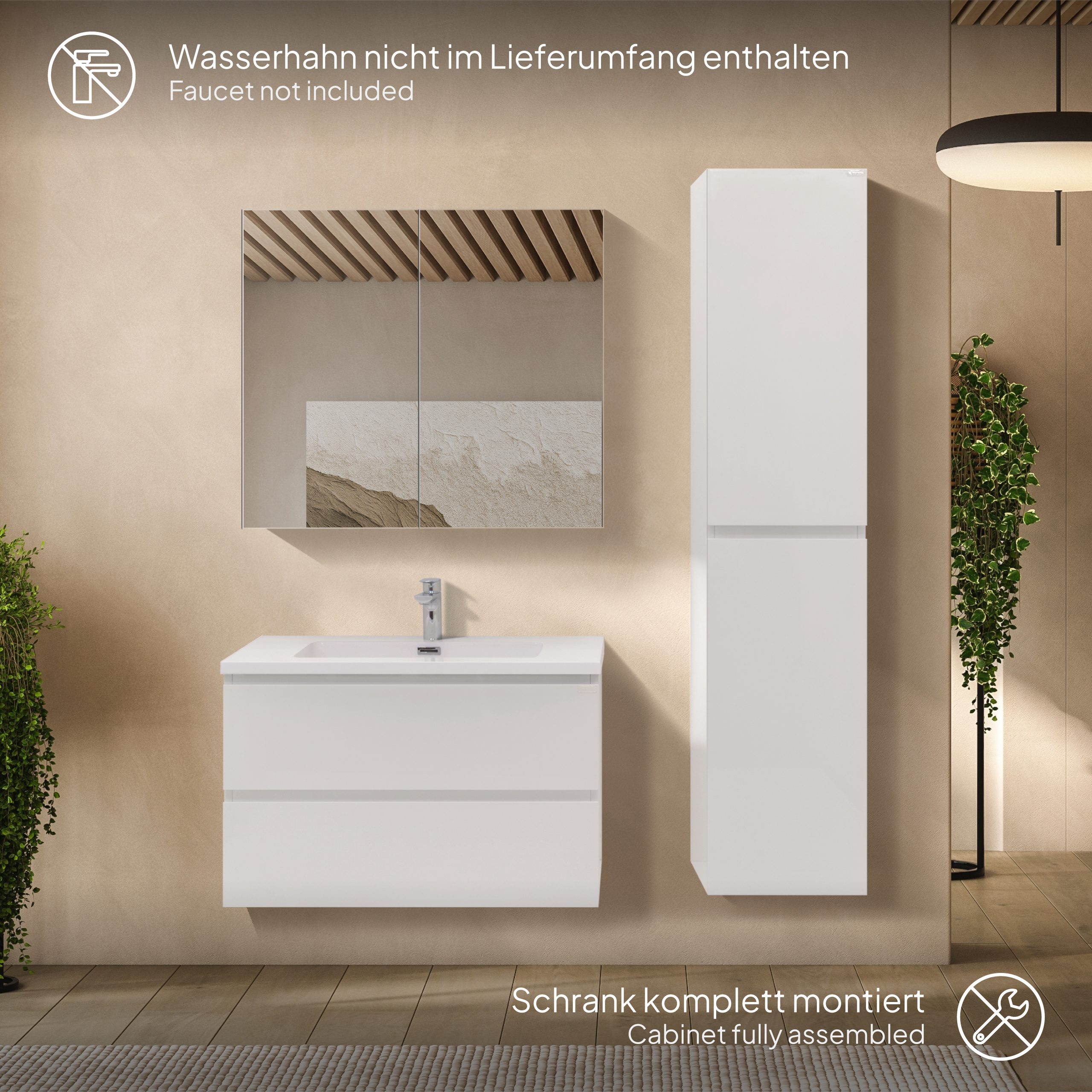 Badmöbel-Set Atena [60/80/100 cm] mit Mineralharz-Waschbecken in Hochglanz Weiß, Unterschrank mit Spiegel und hängendem Hochschrank zur Aufbewahrung 80 cm