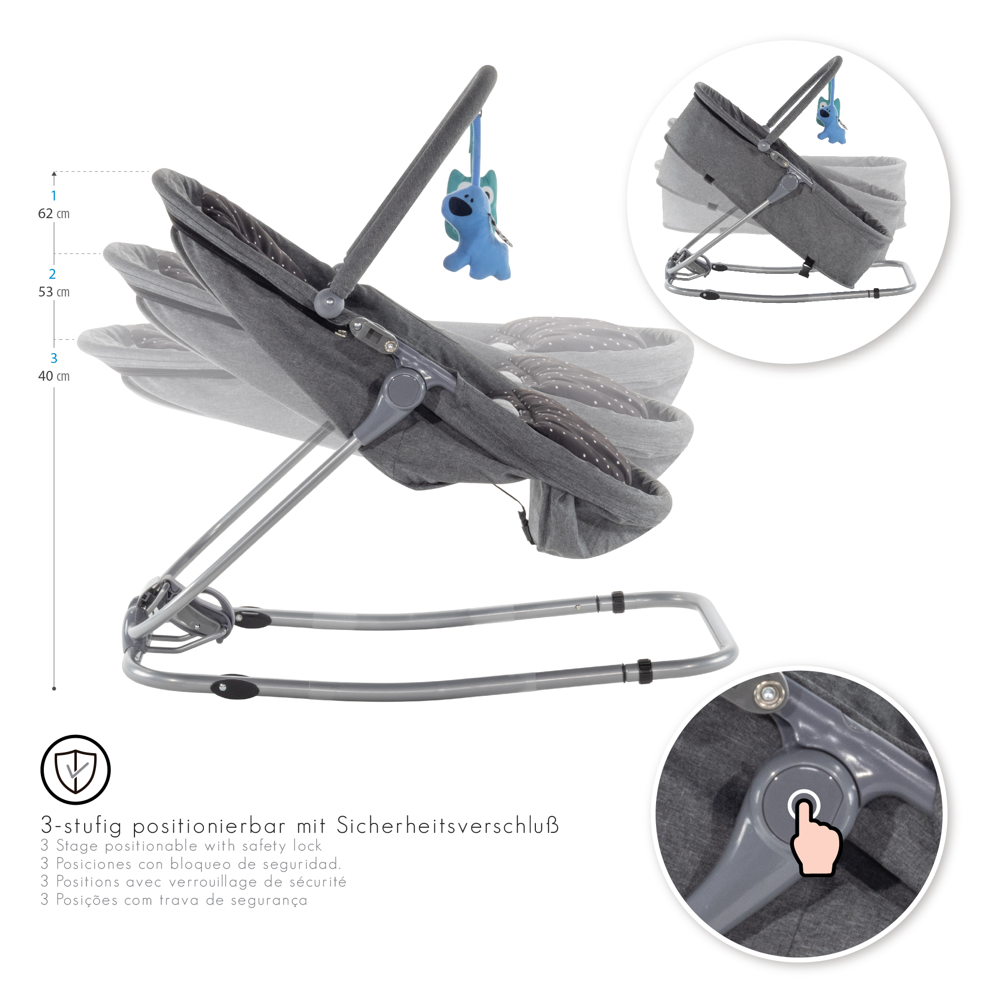 Babywippe PAVO mit Wiegenfunktion und Spielebogen Grau + Schwarz weiße Punkte