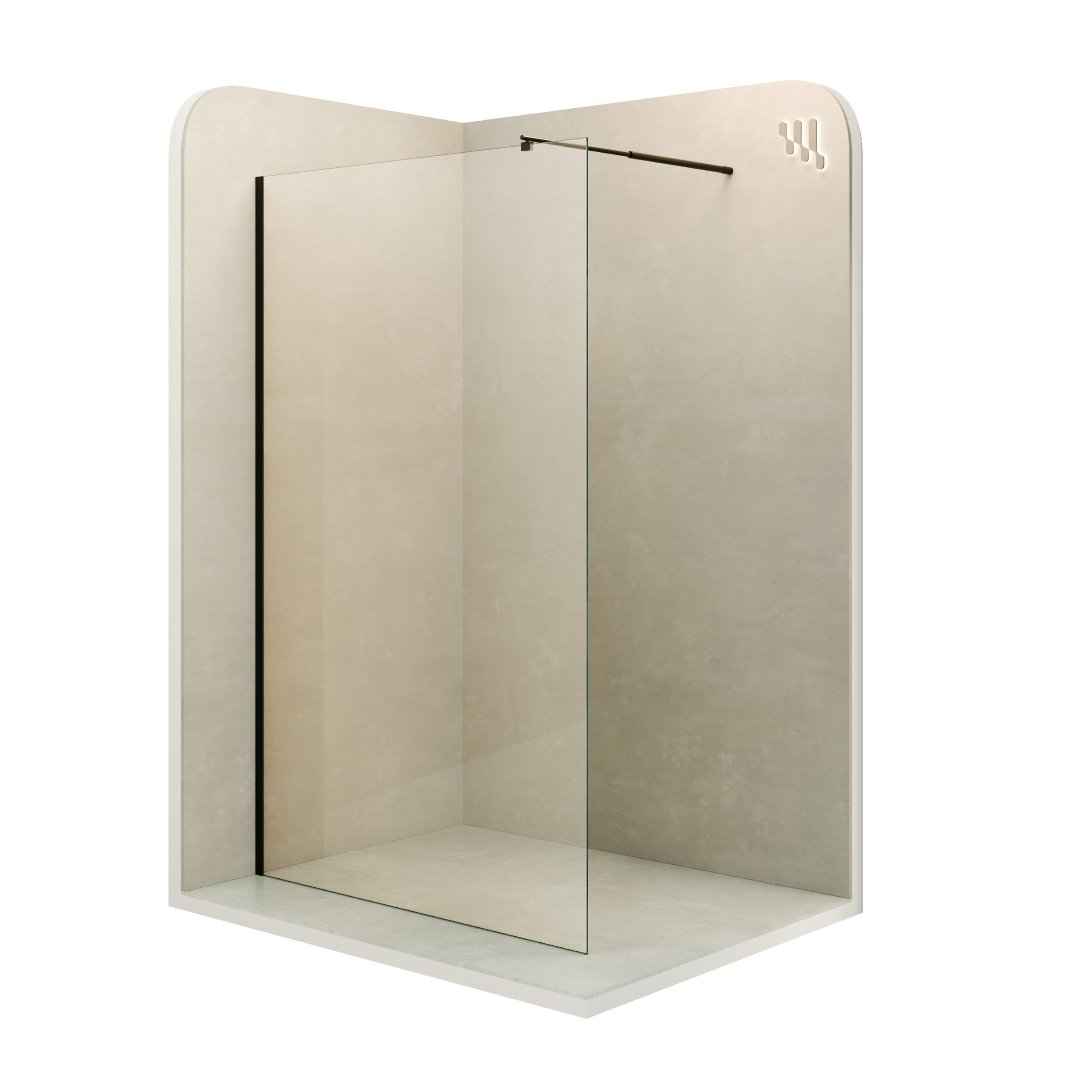 Walk-In Shower Fiona made of 10 mm thick ESG safety glass and black aluminum profile.