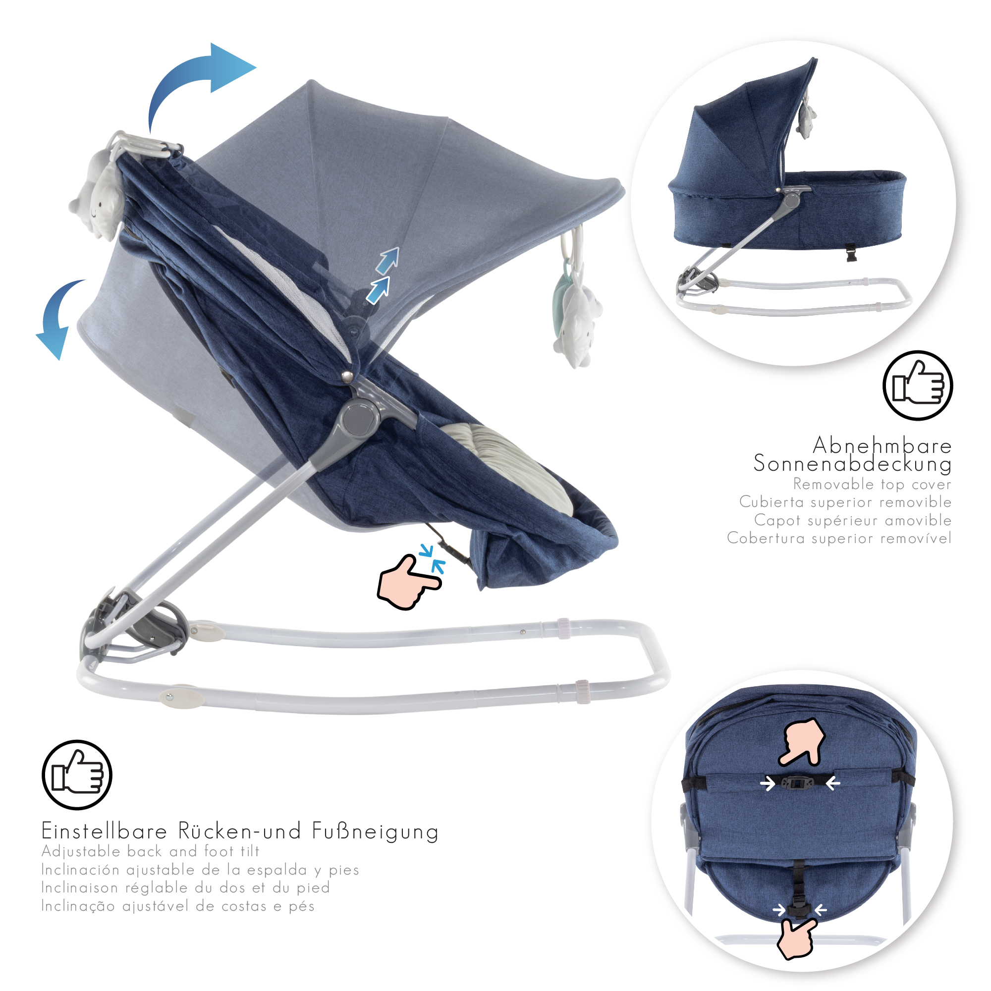 Babywippe PAVO mit Wiegenfunktion und Spielebogen Blau + Grau Babywippe PAVO mit Wiegenfunktion und Spielebogen Blau + Grau