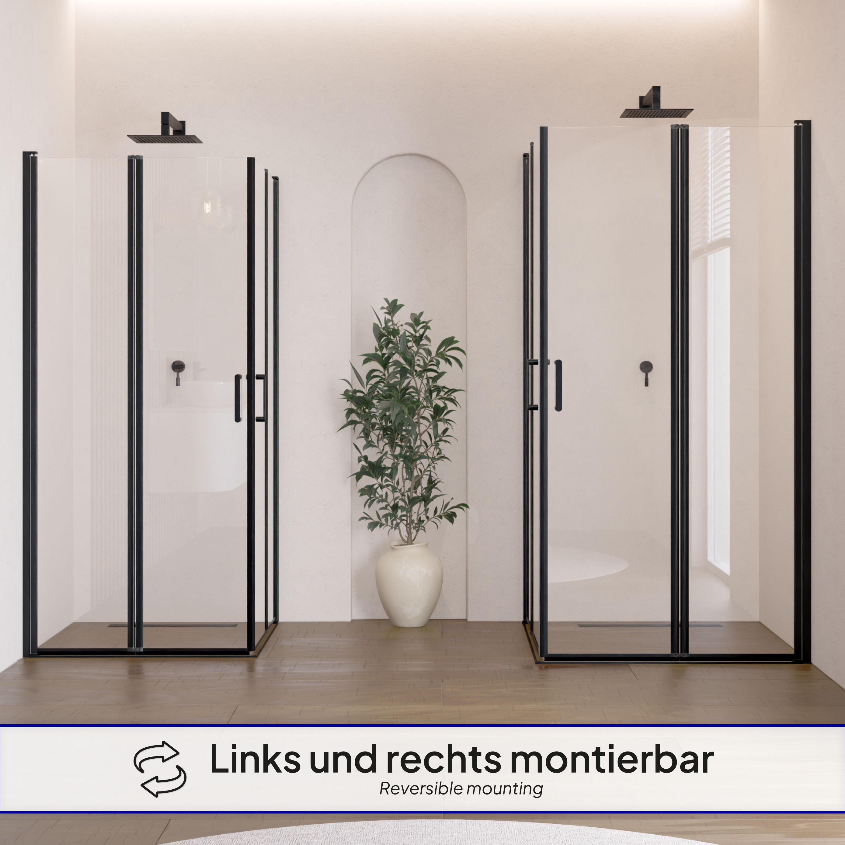 Corner entry Alina with folding doors and black profiles made of ESG safety glass. Alina – Corner entry with folding doors and black profiles made of ESG safety glass.
