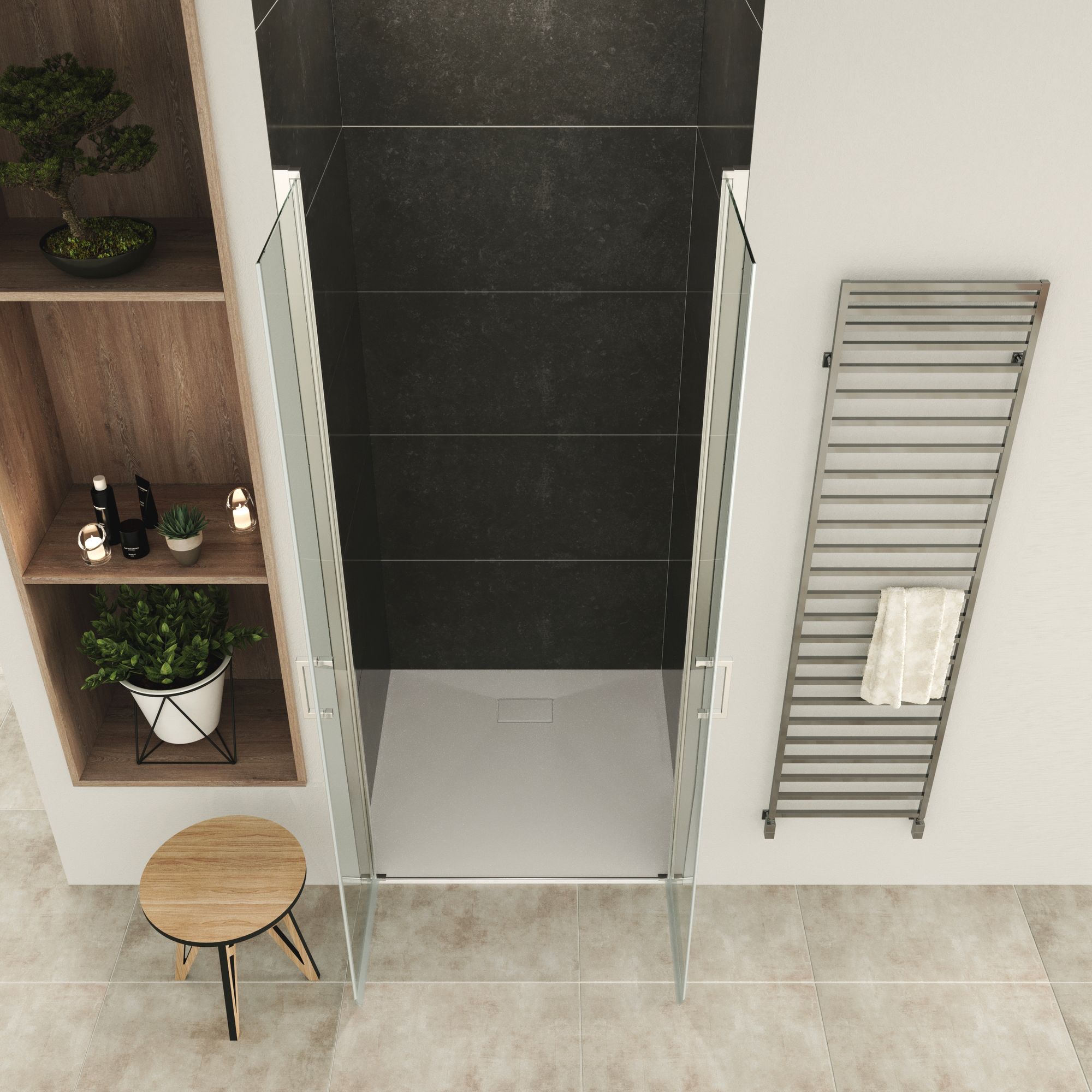 Shower Door Lara with Hinged Doors and Stainless Steel Handles, 68-104 cm, made of ESG Safety Glass Shower Door Lara with Hinged Doors and Stainless Steel Handles, 68-104 cm, made of ESG Safety Glass