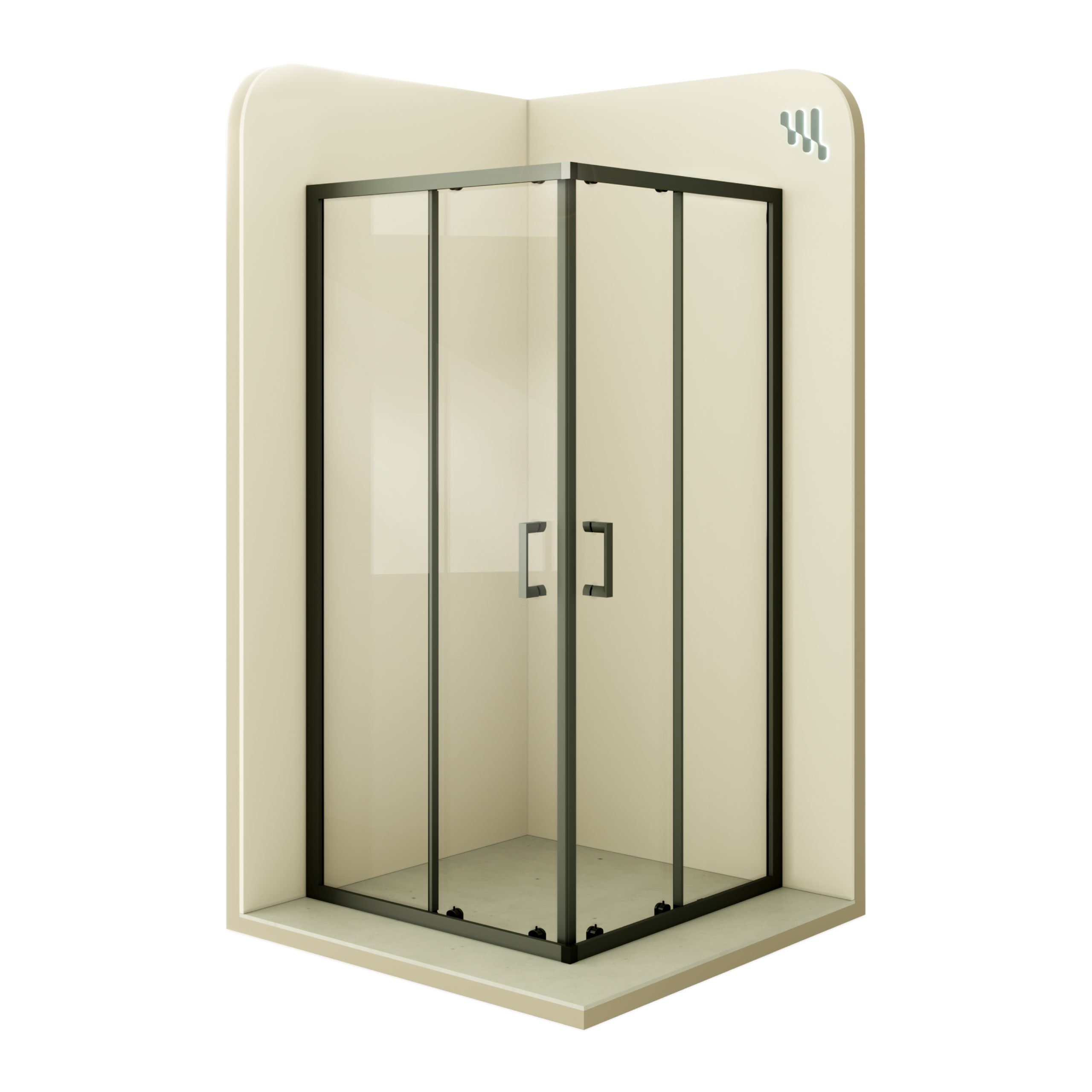 Corner entry Danielle with sliding doors and black profiles made of ESG safety glass.