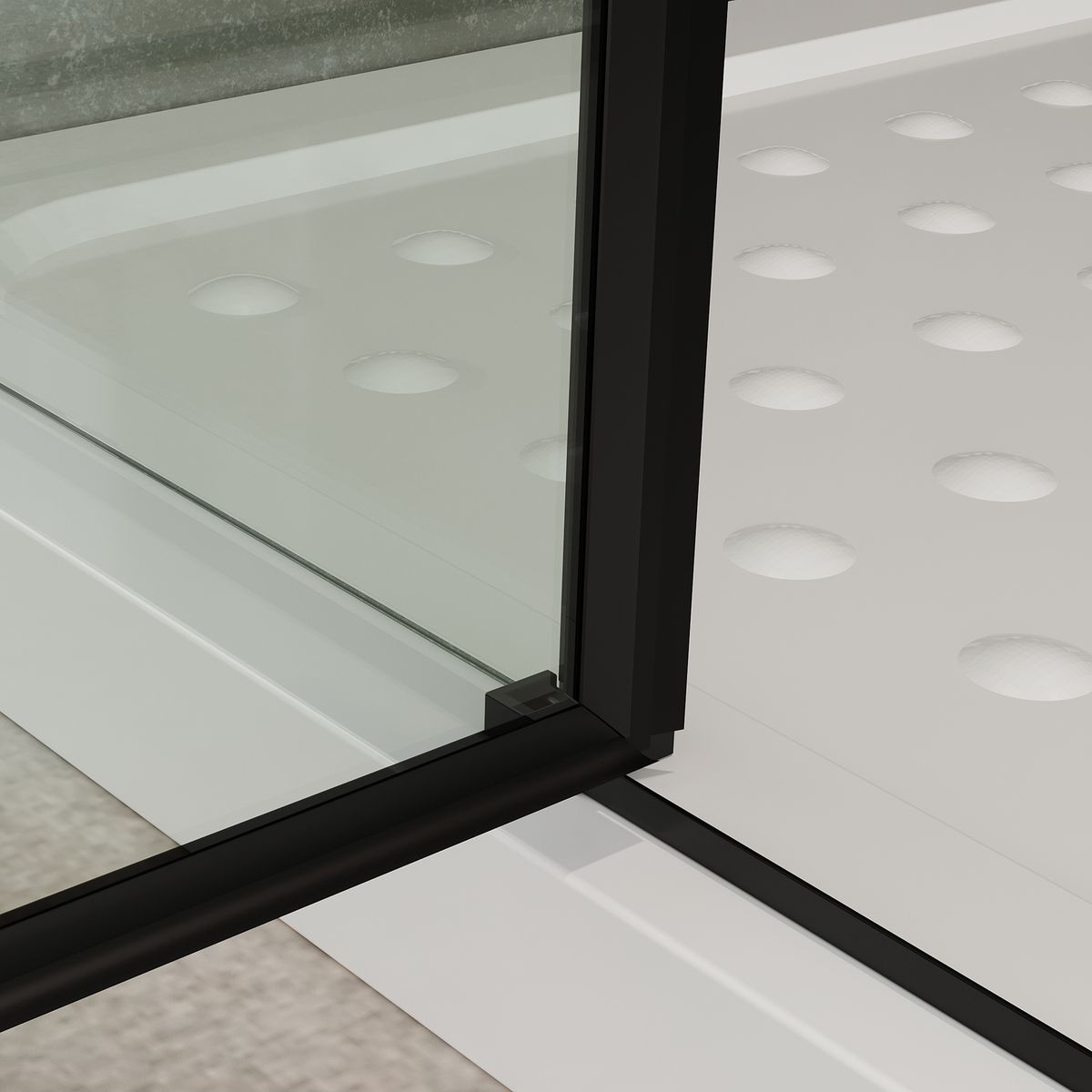 Eckeinstieg Celine mit Klapptüren und schwarzen Profilen aus ESG Sicherheitsglas