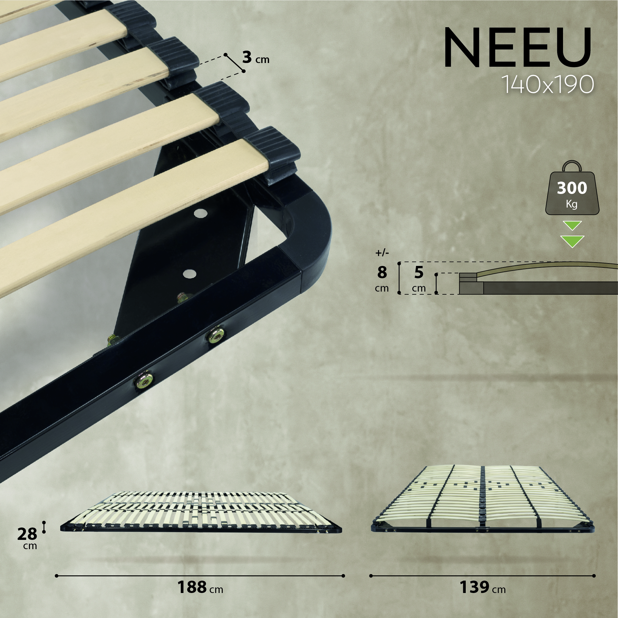NEEU Slatted Frame with Sturdy Metal Frame - Suitable for All Mattresses