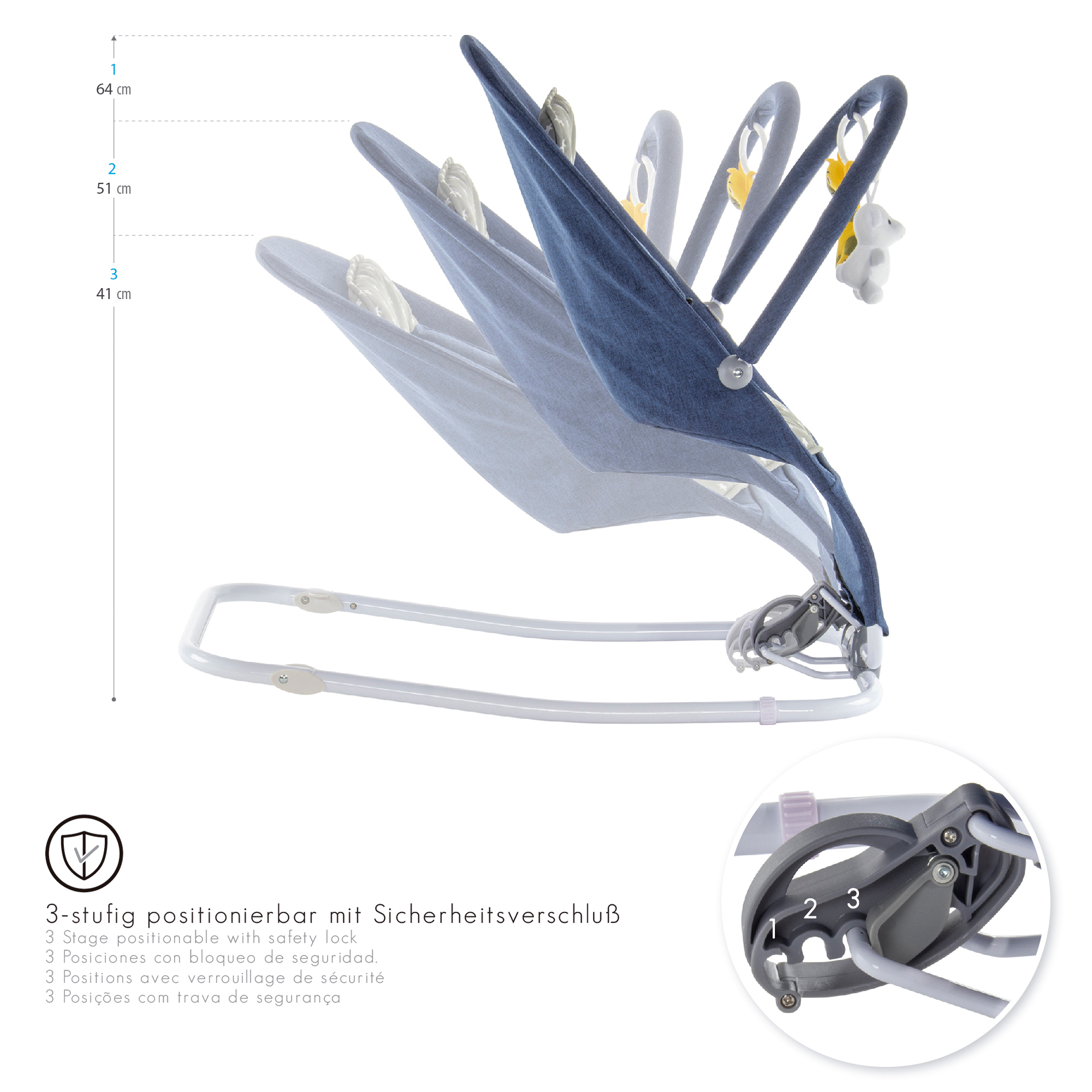 Babywippe VIENO mit abnehmbarem Bezug und Spielebogen Blau + Grau weiße Sterne Babywippe VIENO mit abnehmbarem Bezug und Spielebogen Blau + Grau weiße Sterne