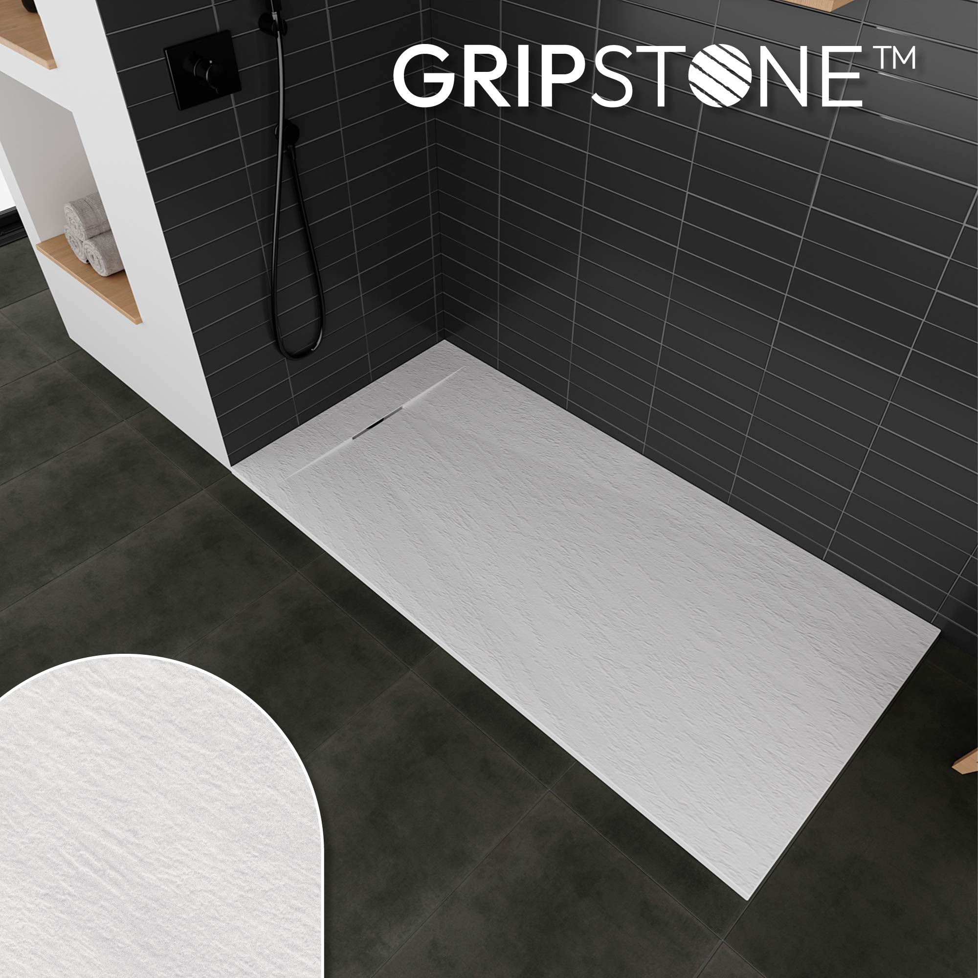 SMC Shower Tray Polar in Stone Look with Drain Assembly - White