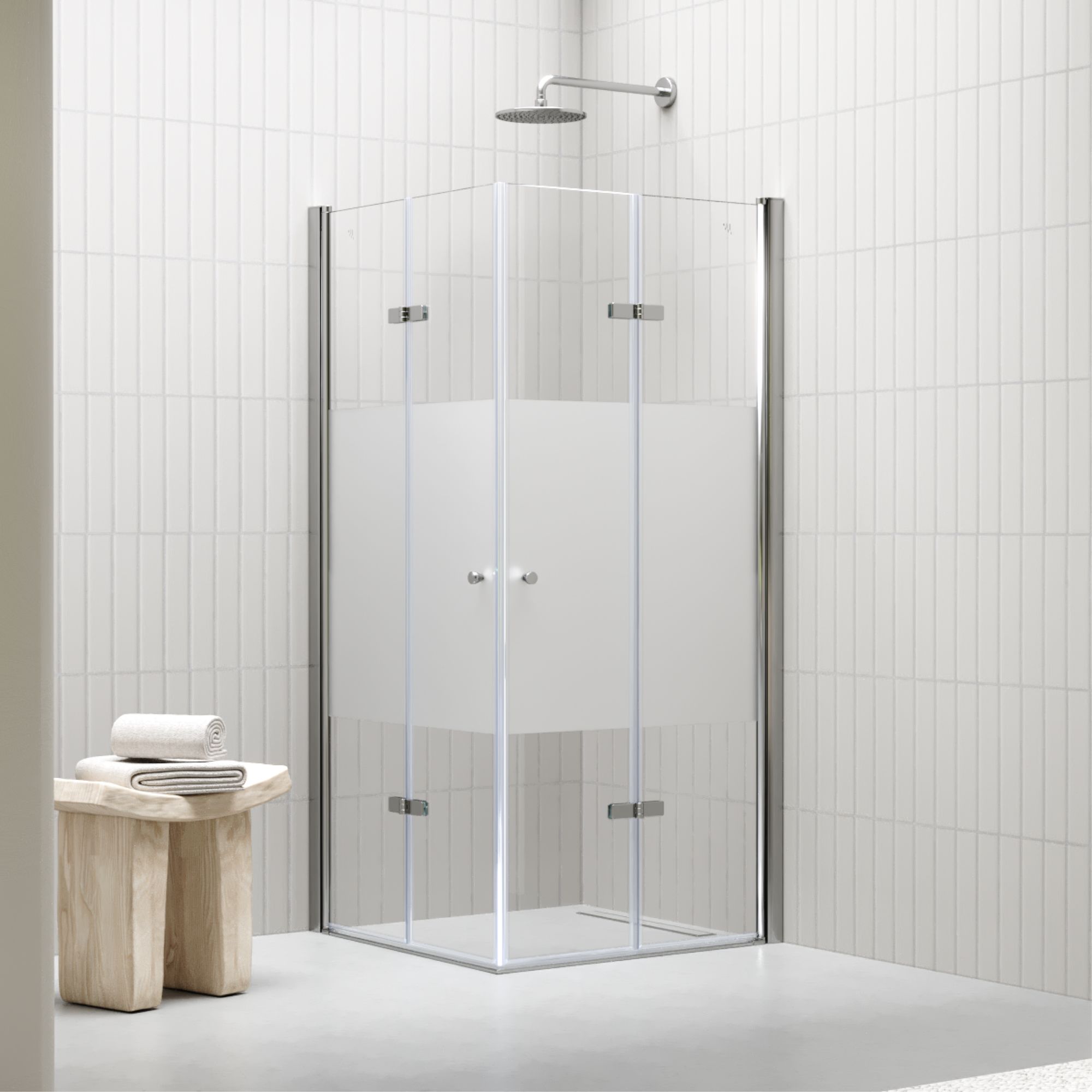 Eckeinstieg Emma mit Falttüren aus teilsatiniertem ESG Sicherheitsglas Emma – Corner Entry with Folding Doors made of Partially Frosted ESG Safety Glass