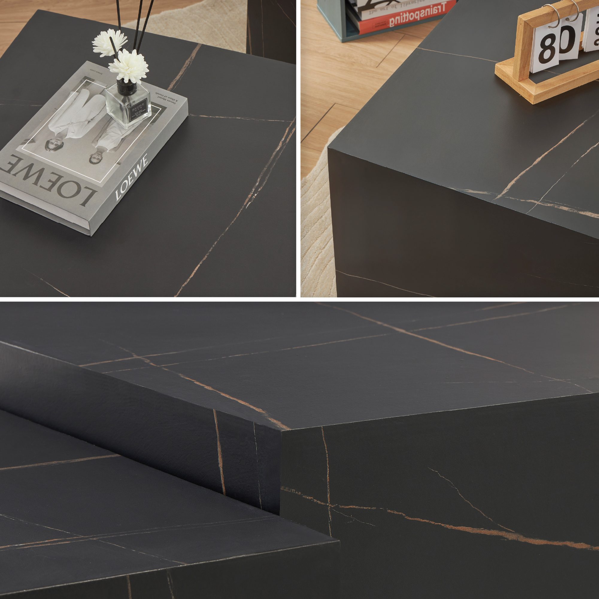 Couchtische / Beistelltisch TANEDA in Schwarz mit dekorativer Maserung - 2er Set