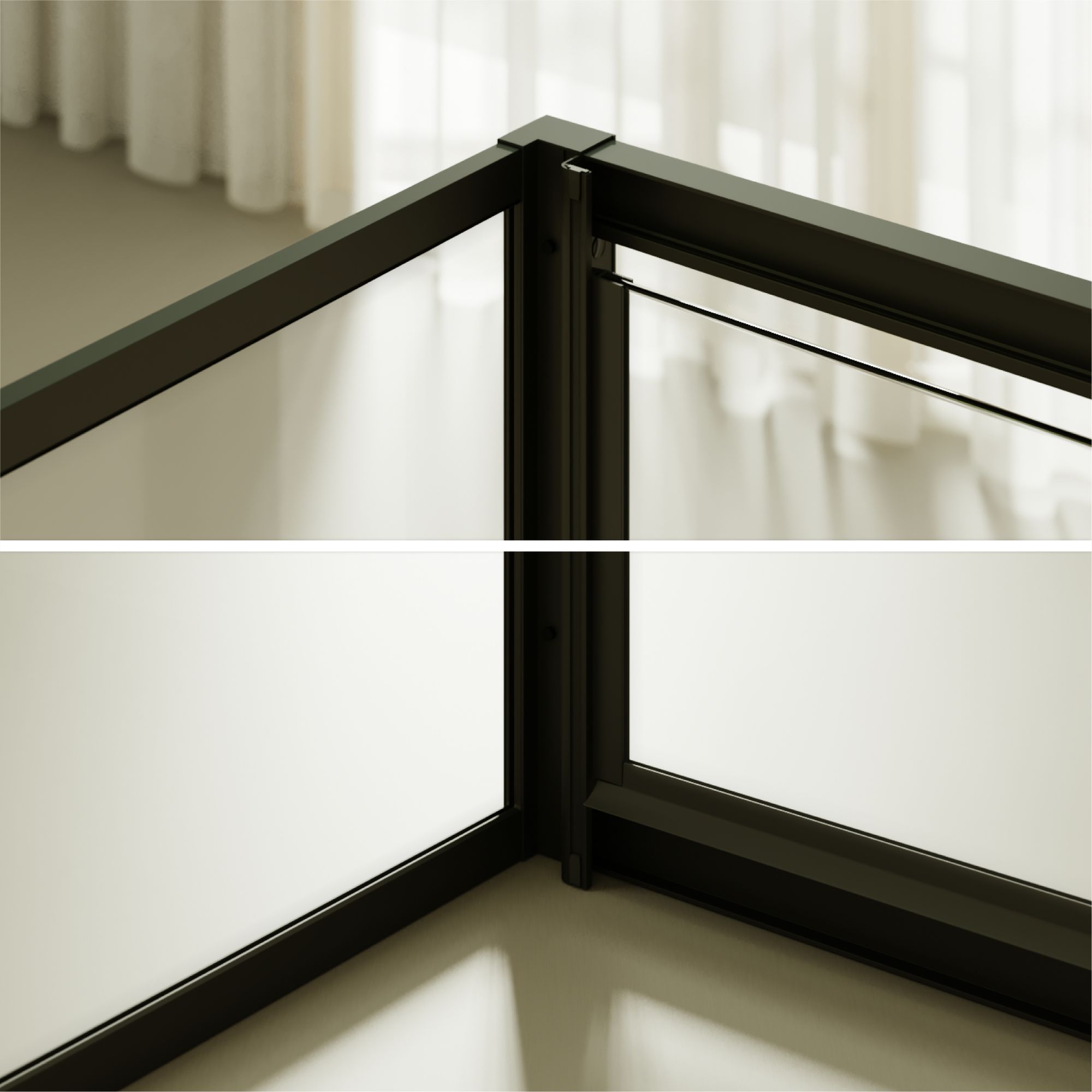 Fronteinstieg Isadora mit Klapptür und schwarzen Profilen aus ESG Sicherheitsglas Fronteinstieg Isadora mit Klapptür und schwarzen Profilen aus ESG Sicherheitsglas