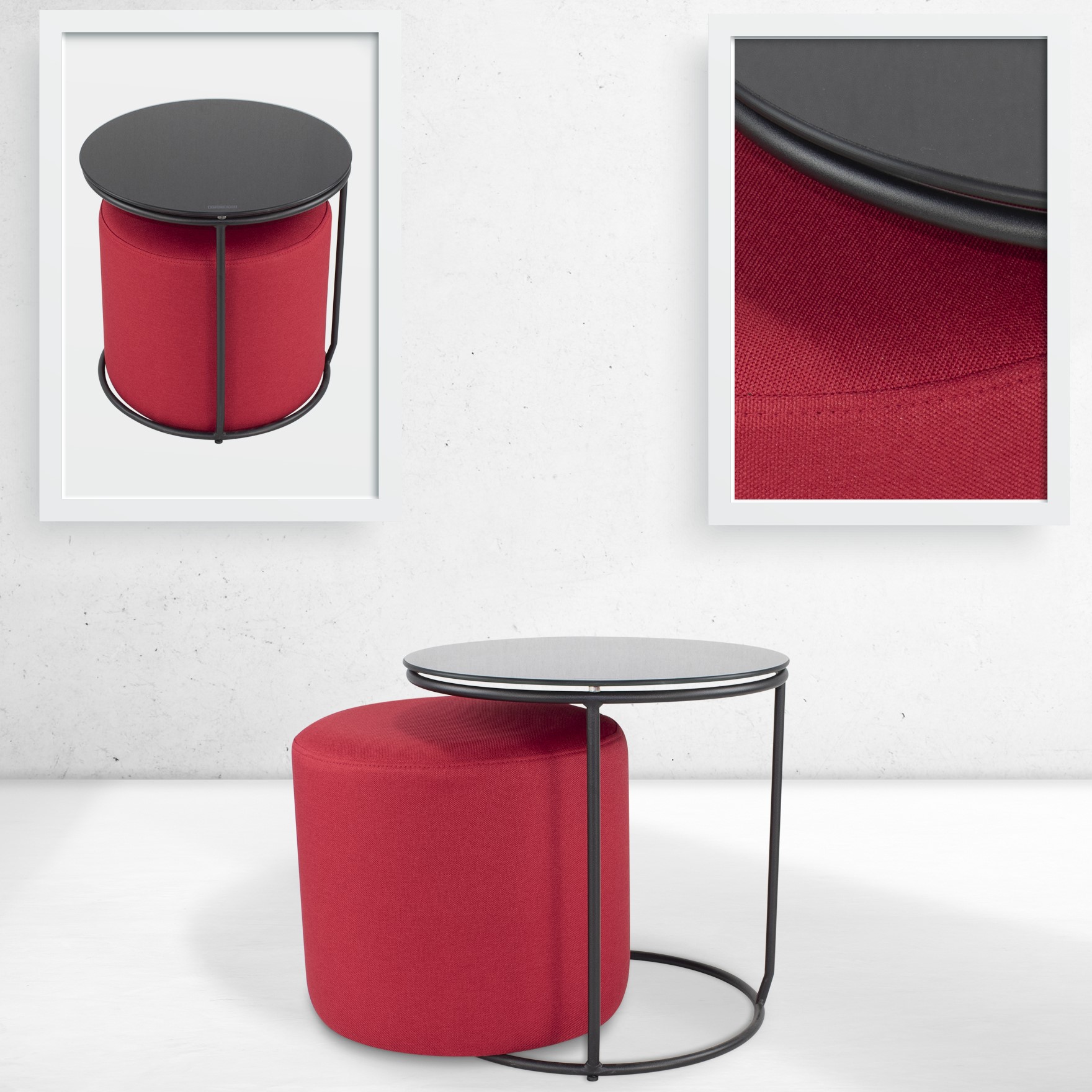 Beistelltisch mit Hocker JASPER runder Couchtisch 40x40 cm Schwarz-Rot N5 JASPER – Side Table with Stool - Round Coffee Table 40x40 cm Black-Red N5