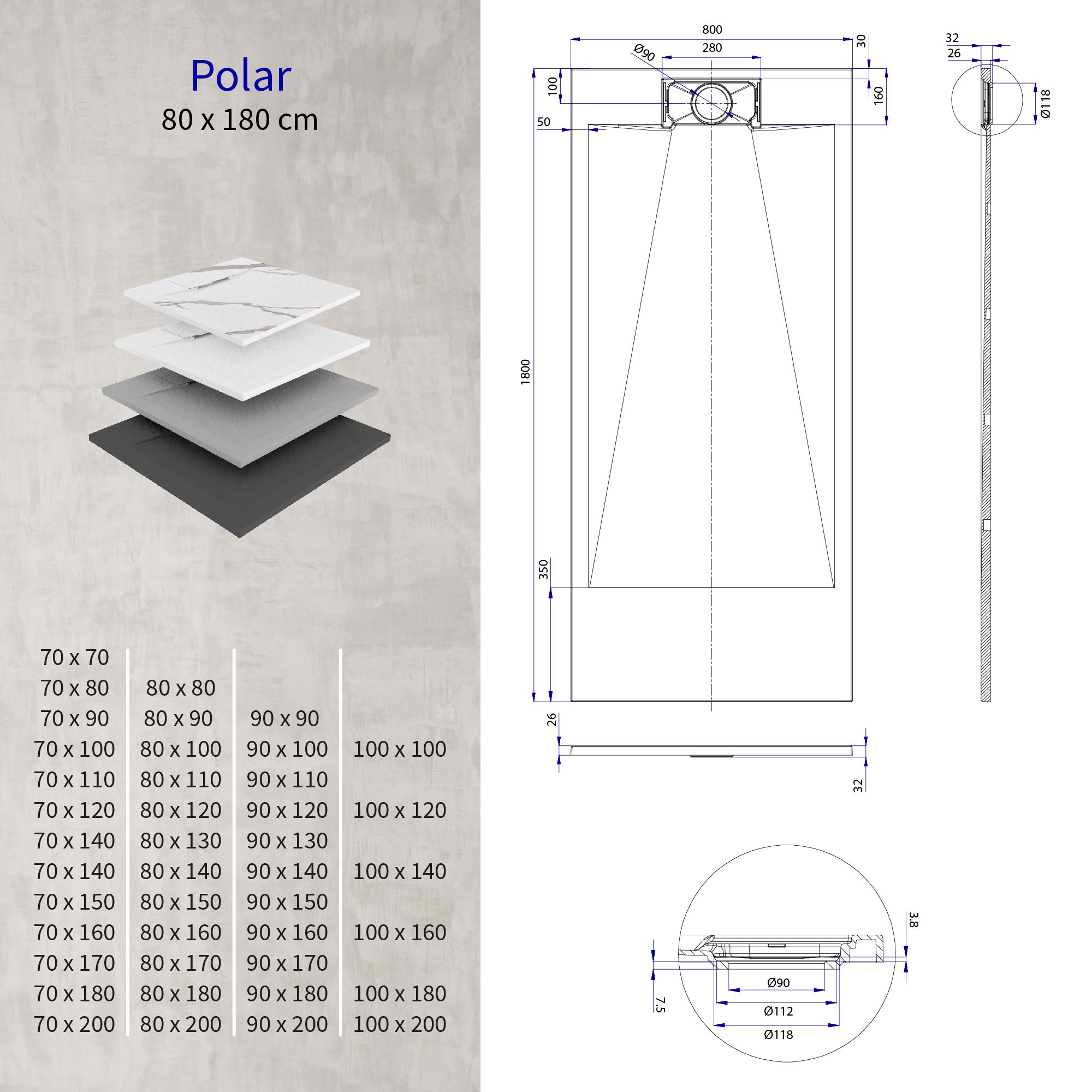 SMC Shower Tray Polar in Stone Look with Drain Assembly - Gray