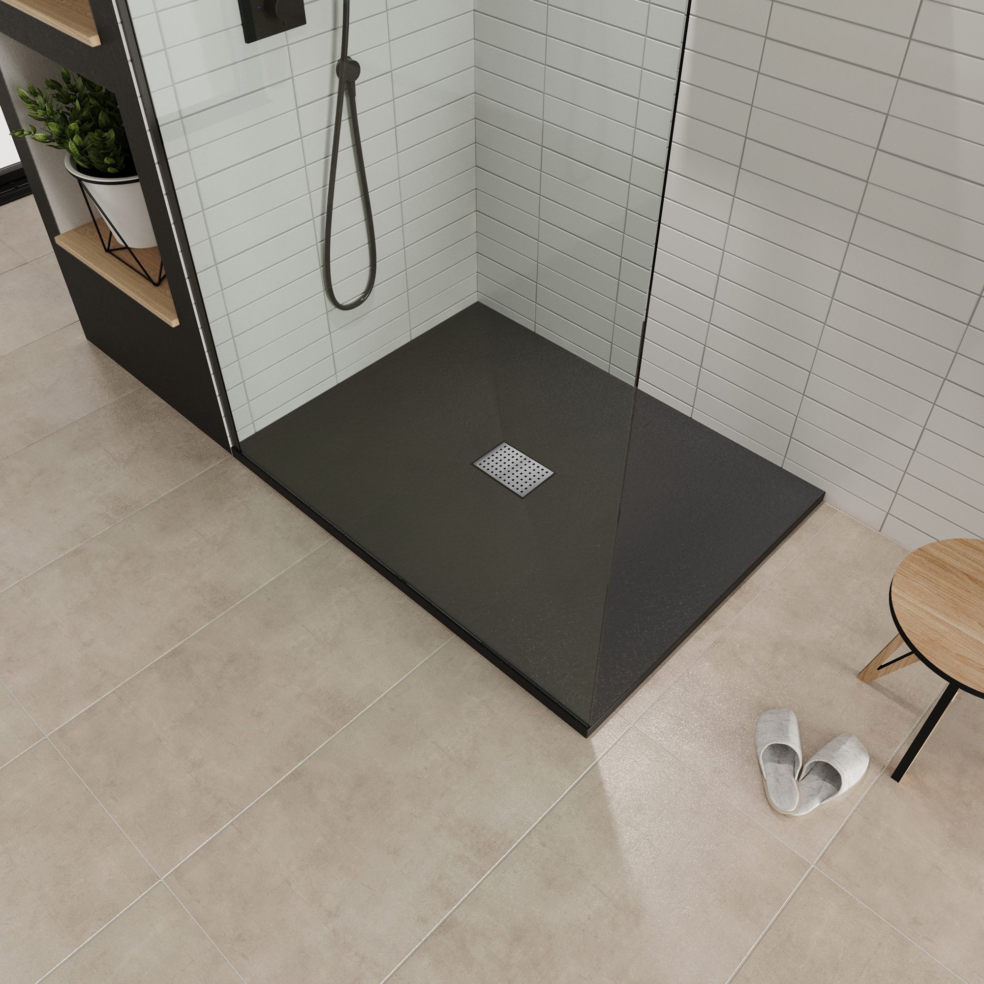 Tray – SMC Shower Boreal in Stone Look with Drain Assembly - Grey