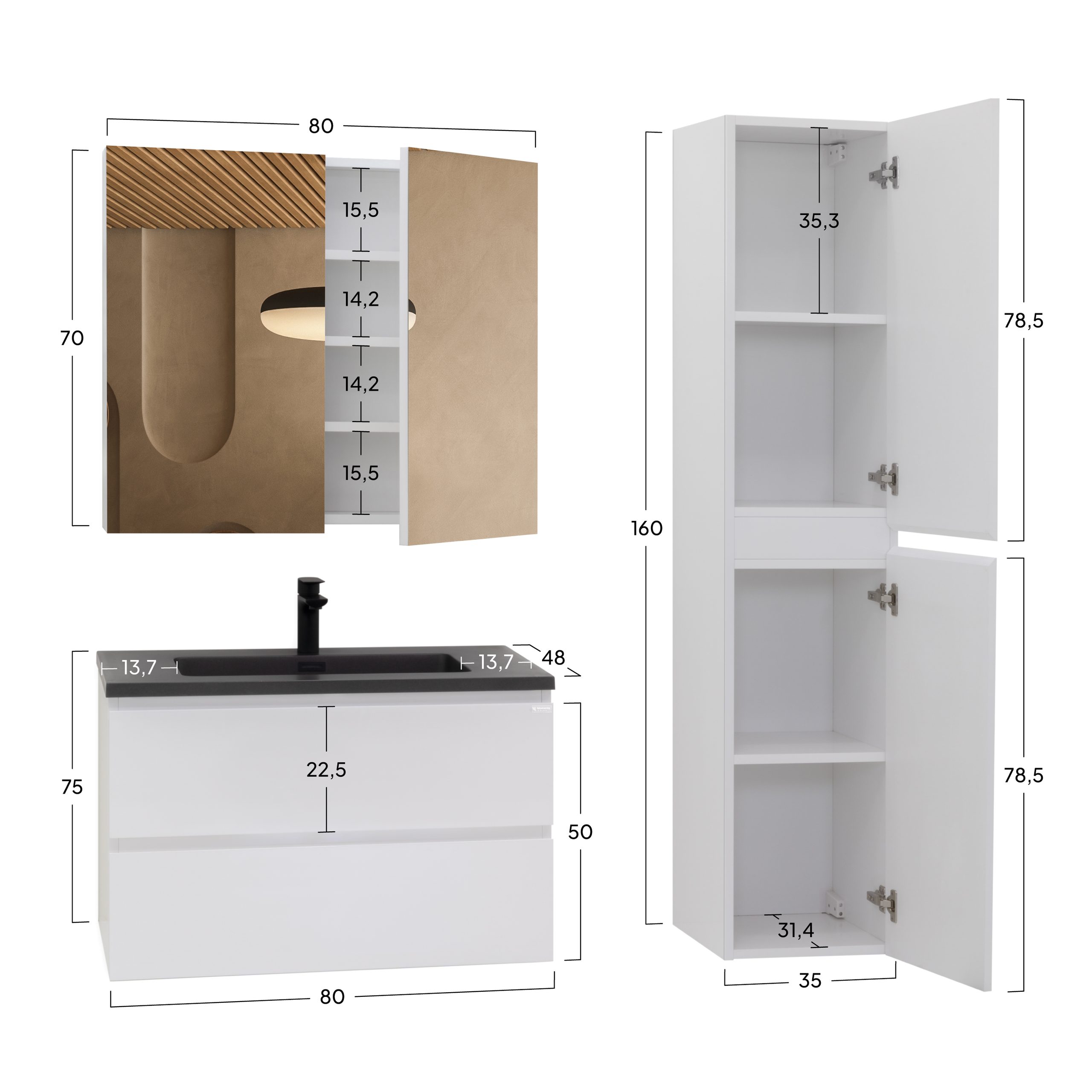 Badmöbel-Set Atena [60/80/100 cm] mit Mineralharz-Waschbecken in Hochglanz Schwarz, Unterschrank mit Spiegel und hängendem Hochschrank in Weiß zur Aufbewahrung