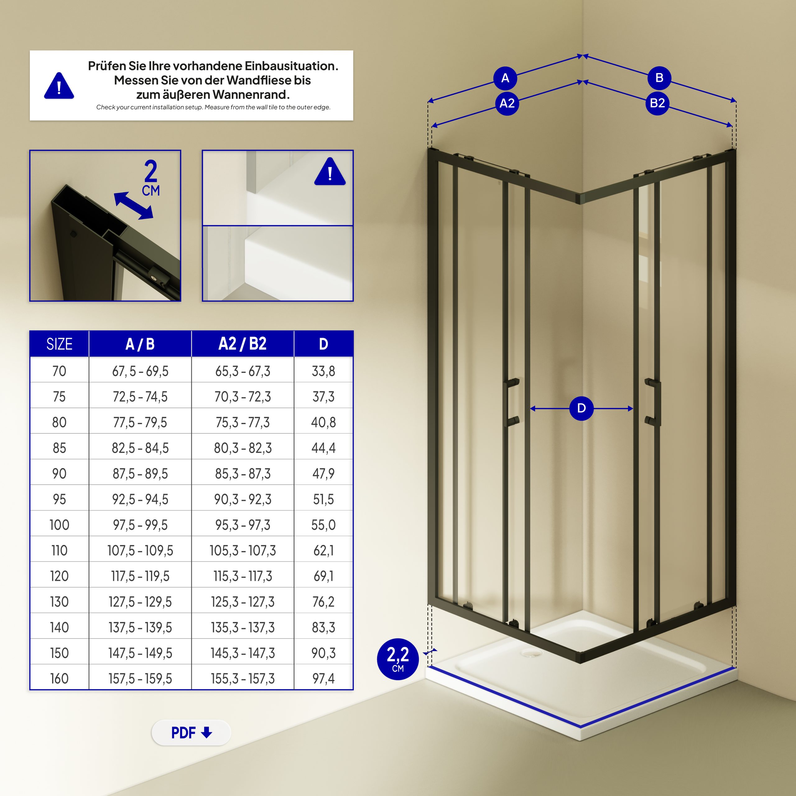 Corner entry Danielle with sliding doors and black profiles made of ESG safety glass.