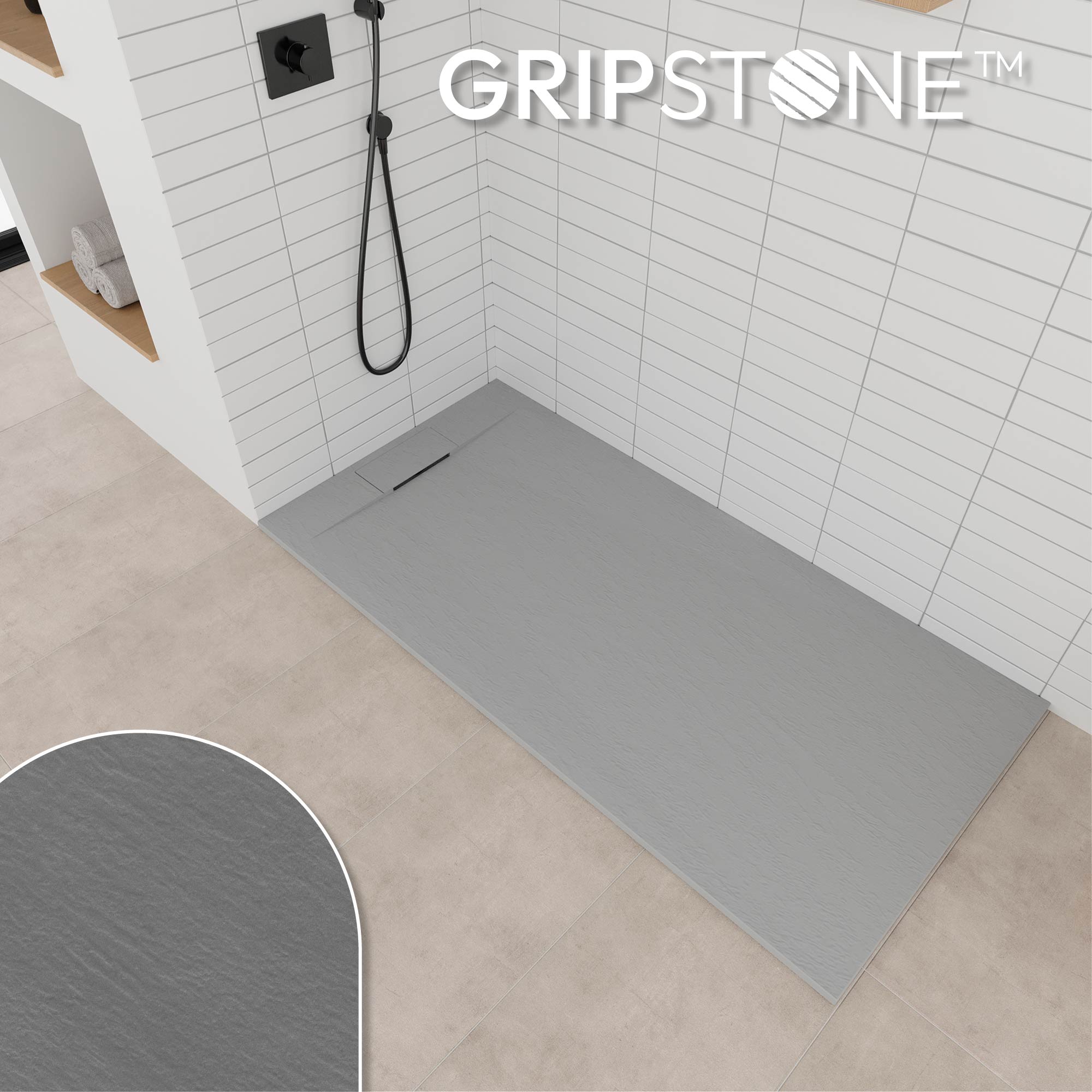 SMC Shower Tray Polar in Stone Look with Drain Assembly - Gray