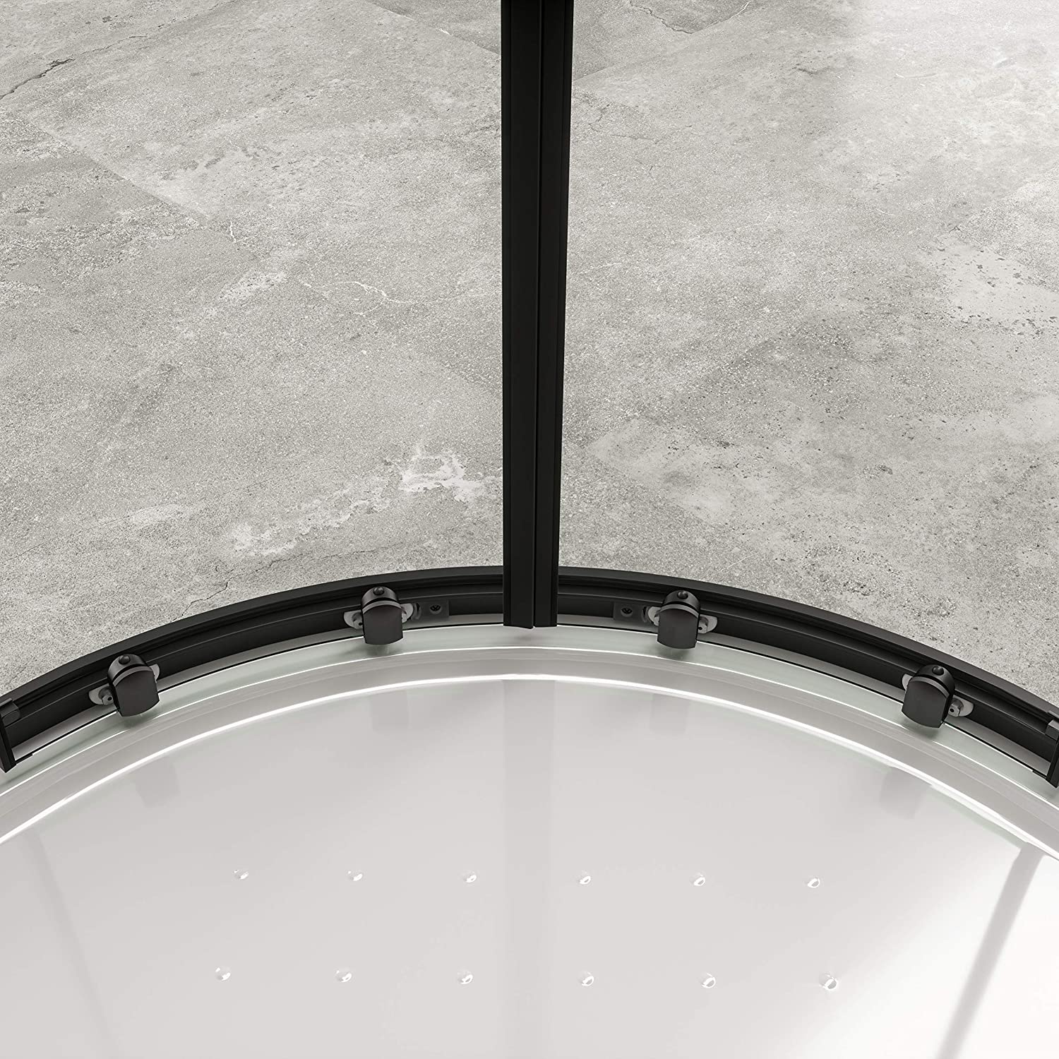 Viertelkreisdusche Ella mit Schiebetüren aus gestreiftem ESG Glas mit schwarzen Aluminium Profile 