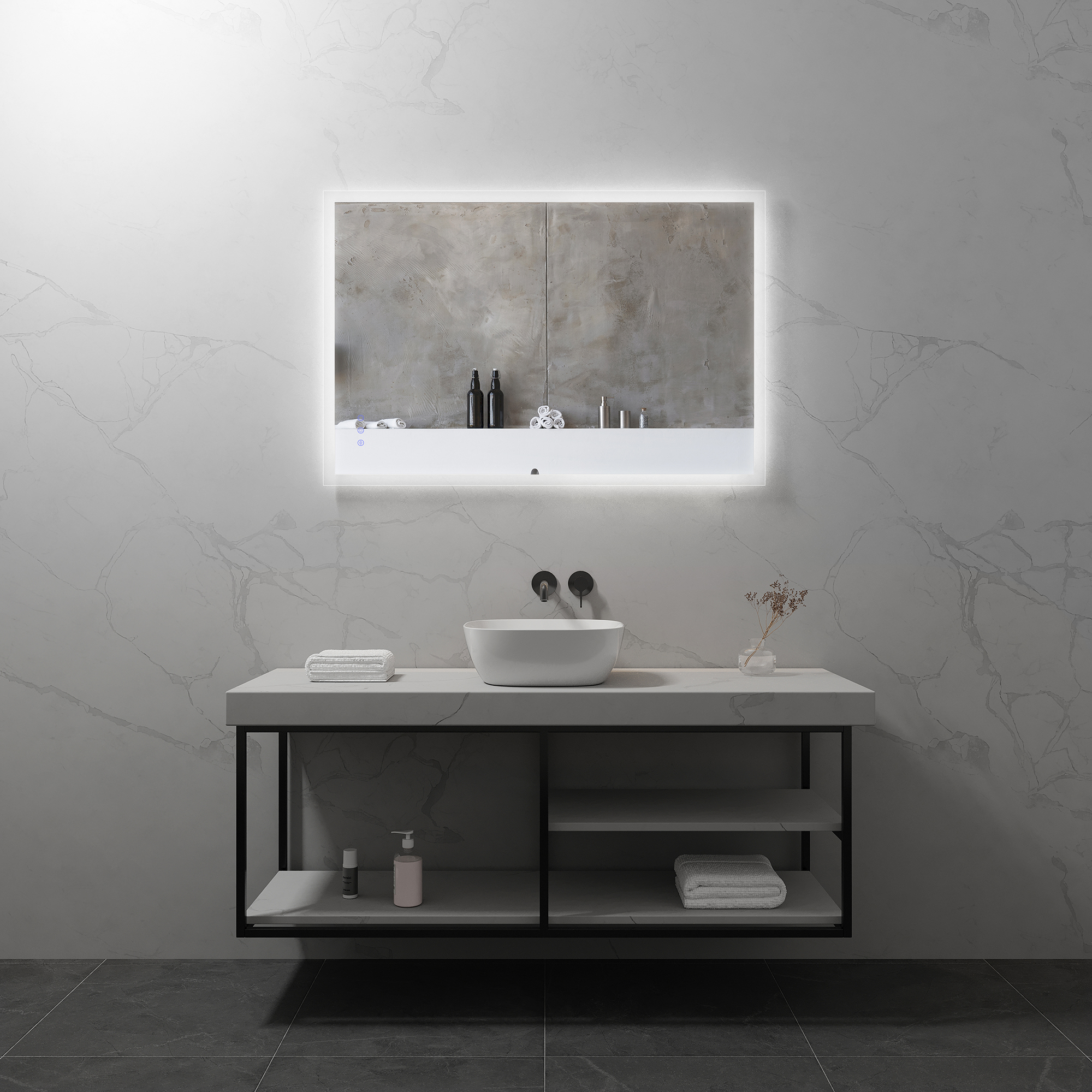 LED Badspiegel Frame Badezimmerspiegel mit dimmbarer Beleuchtung, Farbwechsel und Antibeschlag-Funktion IP44