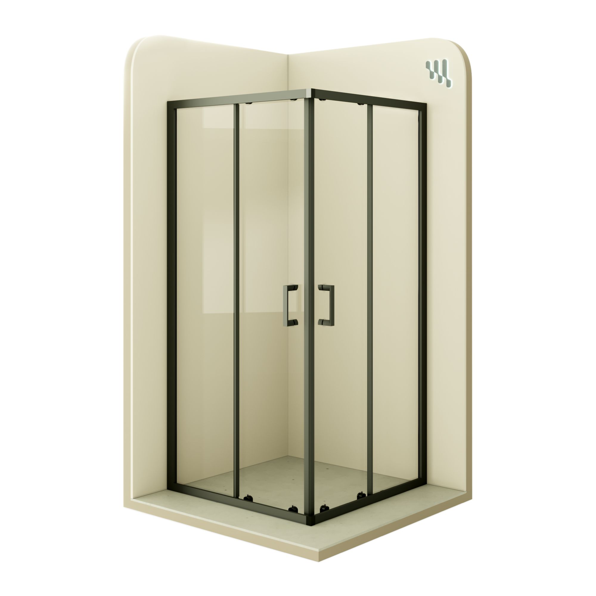 Corner entry Danielle with sliding doors and black profiles made of ESG safety glass. Danielle – Corner entry with sliding doors and black profiles made of ESG safety glass.