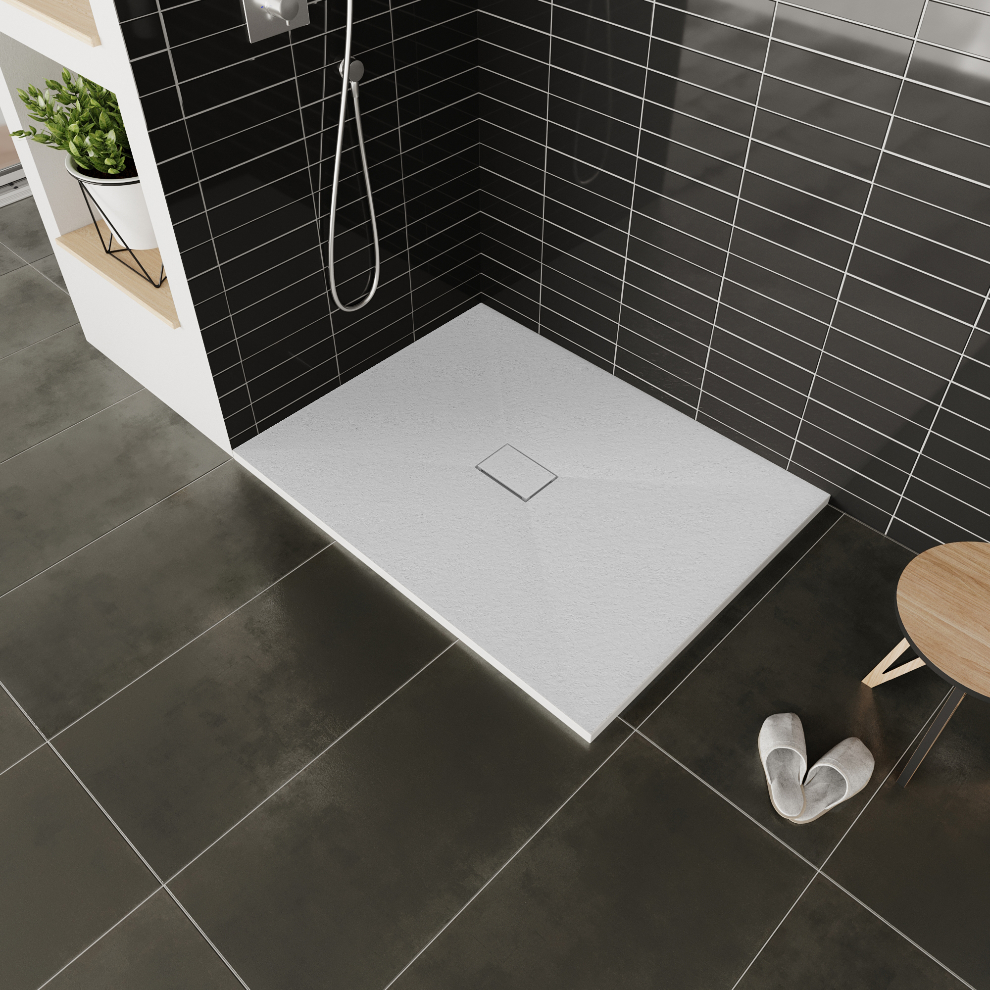 SMC Boreal Shower Tray in Stone Look with Drain Assembly - White