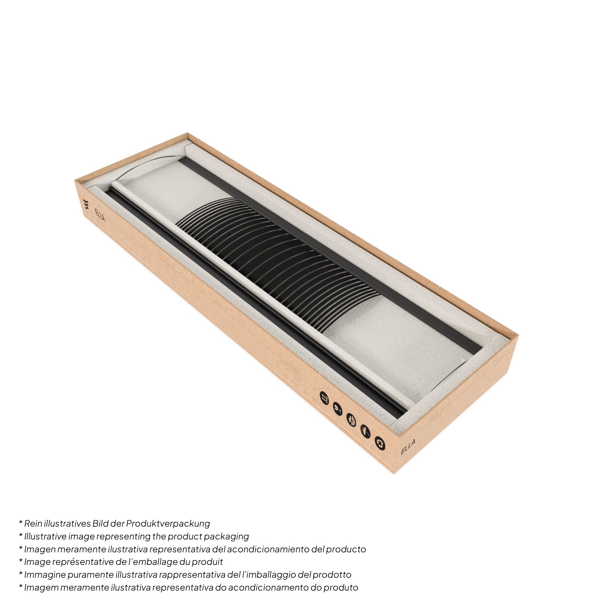 Quarter Circle Shower Ella with Sliding Doors made of Striped ESG Glass and Black Aluminum Profiles Ella – Viertelkreisdusche mit Schiebetüren aus gestreiftem ESG Glas mit schwarzen Aluminium Profile