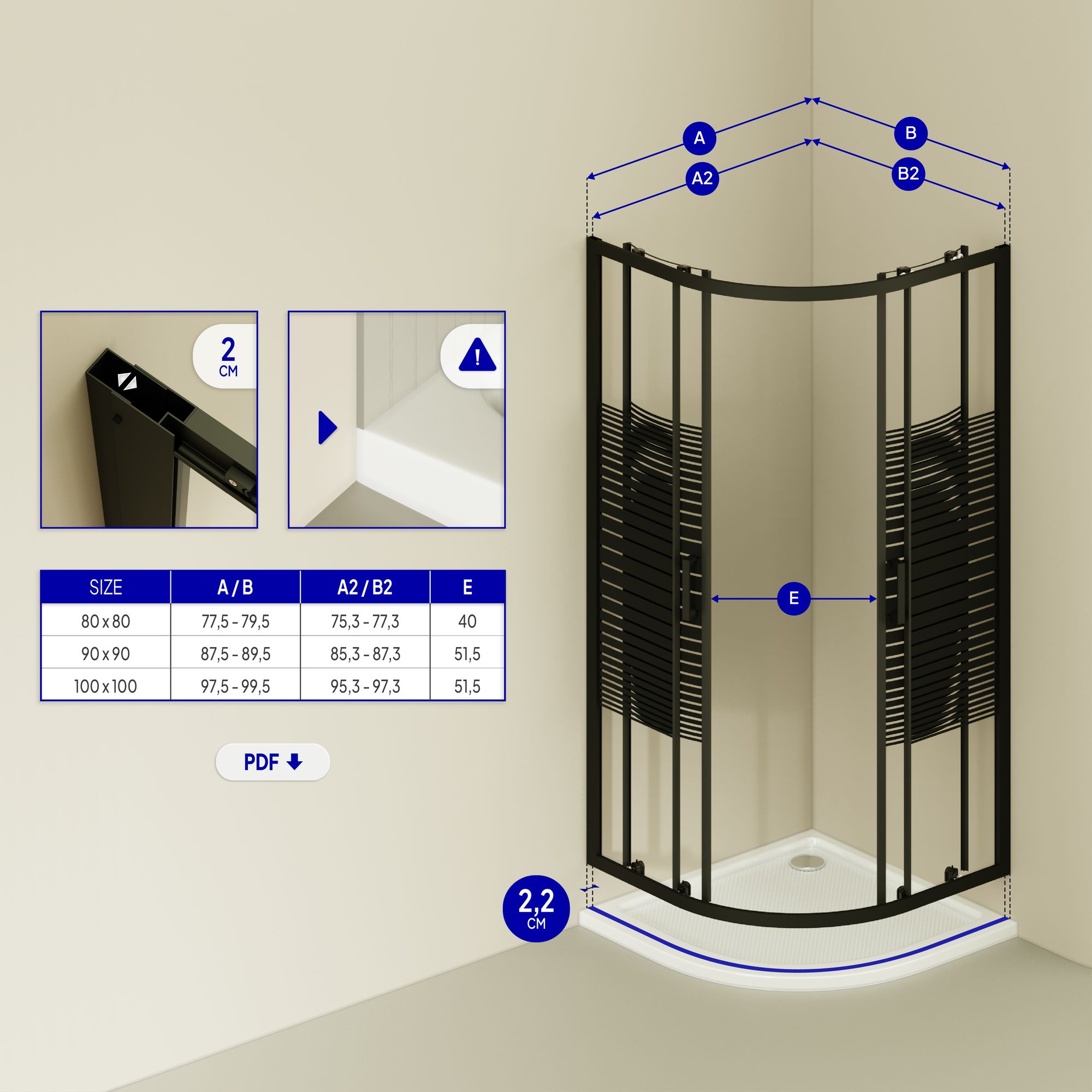 Viertelkreisdusche Ella mit Schiebetüren aus gestreiftem ESG Glas mit schwarzen Aluminium Profile
