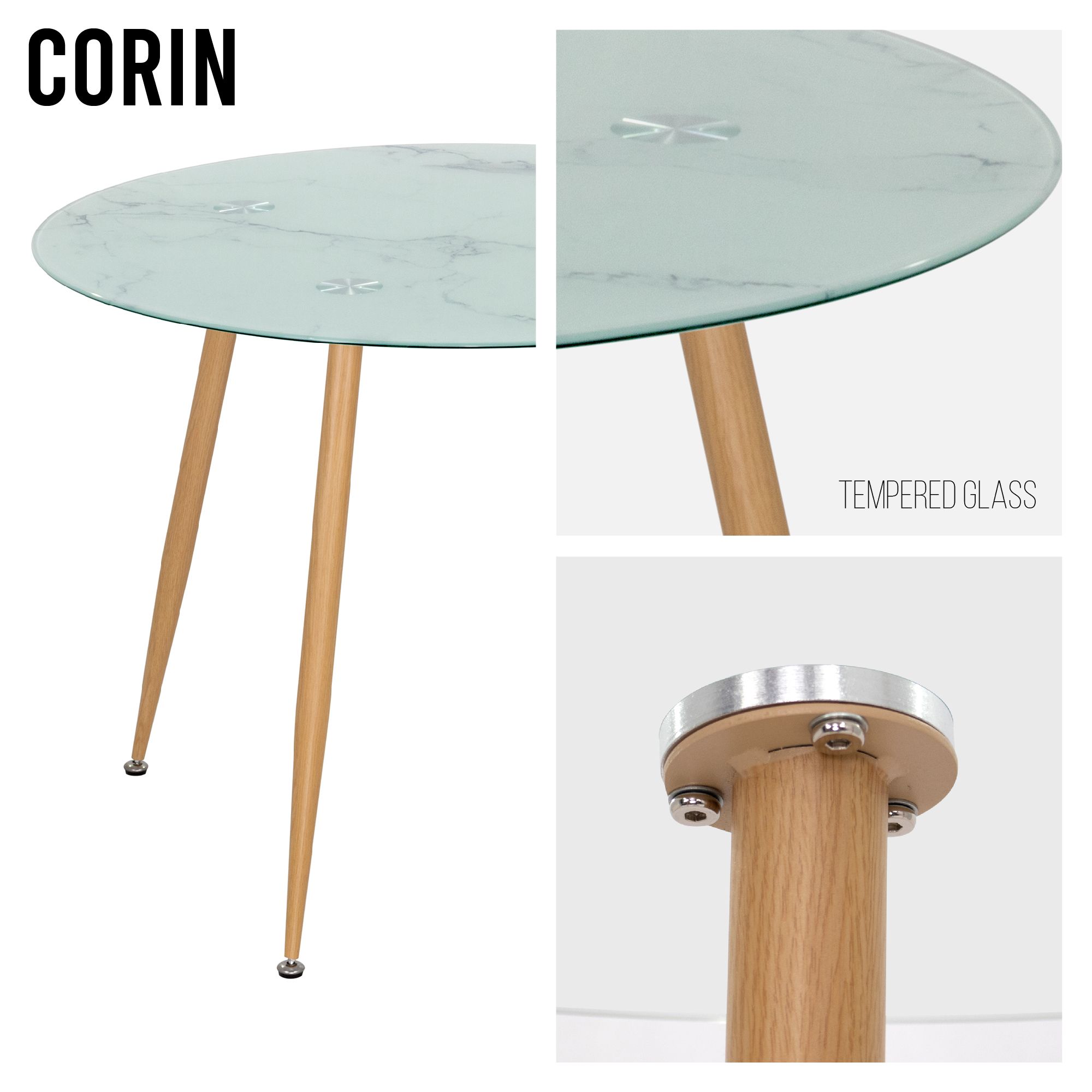 CORIN – Esszimmer-Tisch | Tischplatte: Glas in weißer Marmor Optik | Beine: Holz