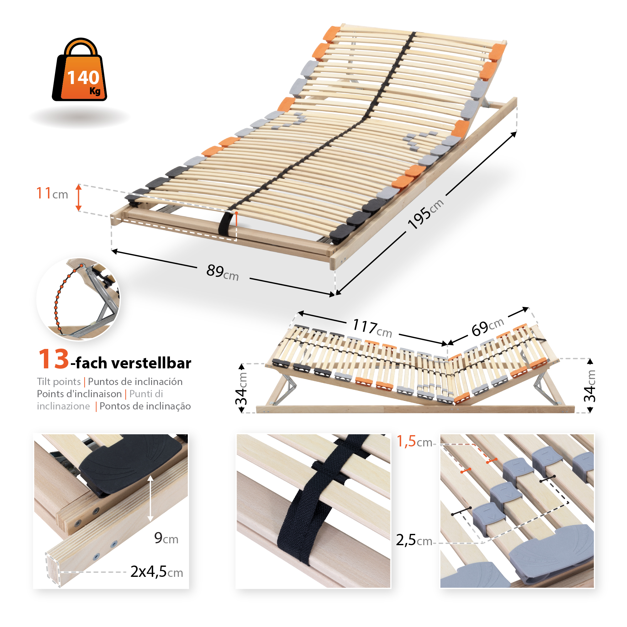 7-Zonen Tellerlattenrost TFlex30 - Starr 90x200 cm Zone – Slatted Frame TFlexTrio 7- with Head and Foot Adjustment