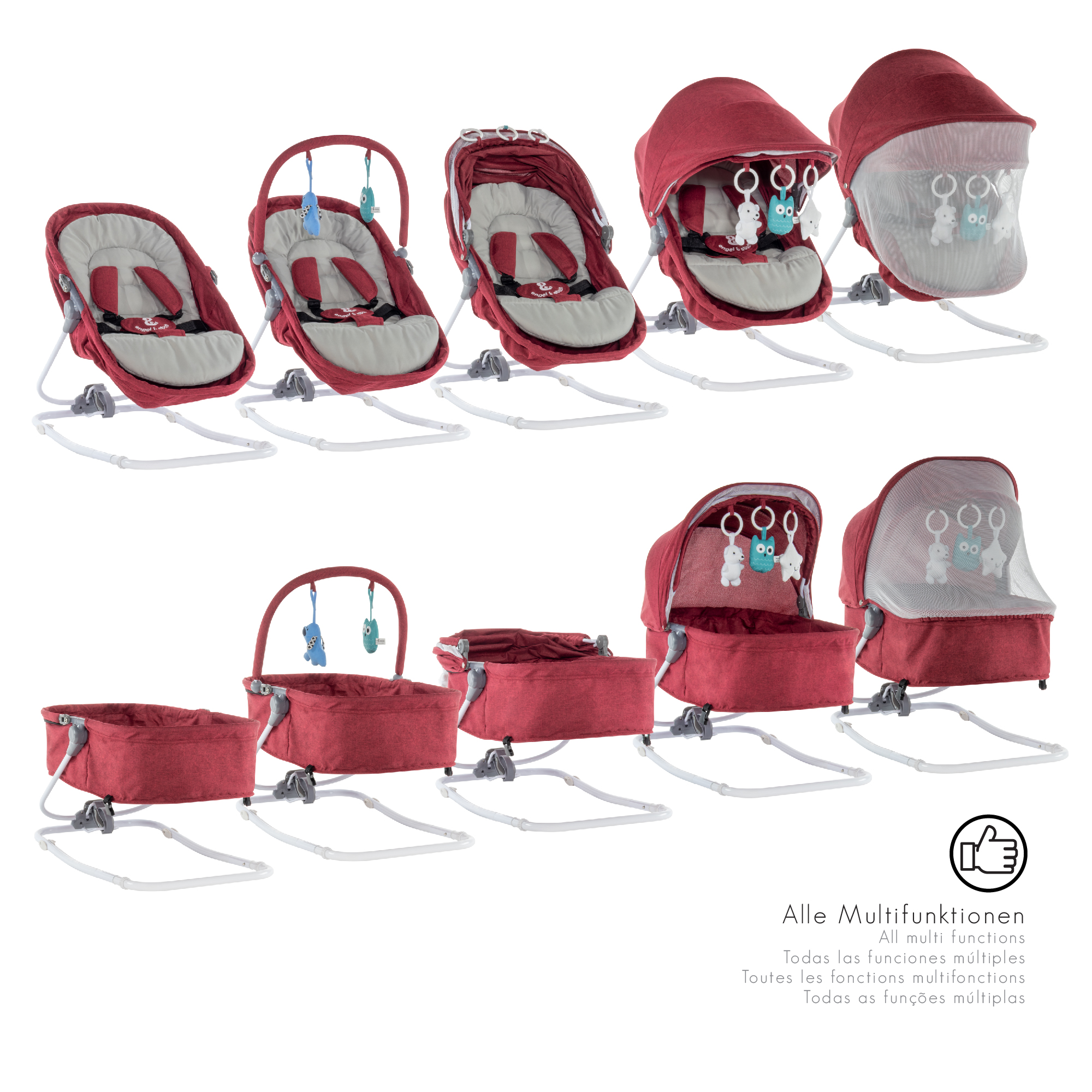 Babywippe PAVO mit Wiegenfunktion und Spielebogen Rot + Grau Babywippe PAVO mit Wiegenfunktion und Spielebogen Rot + Grau