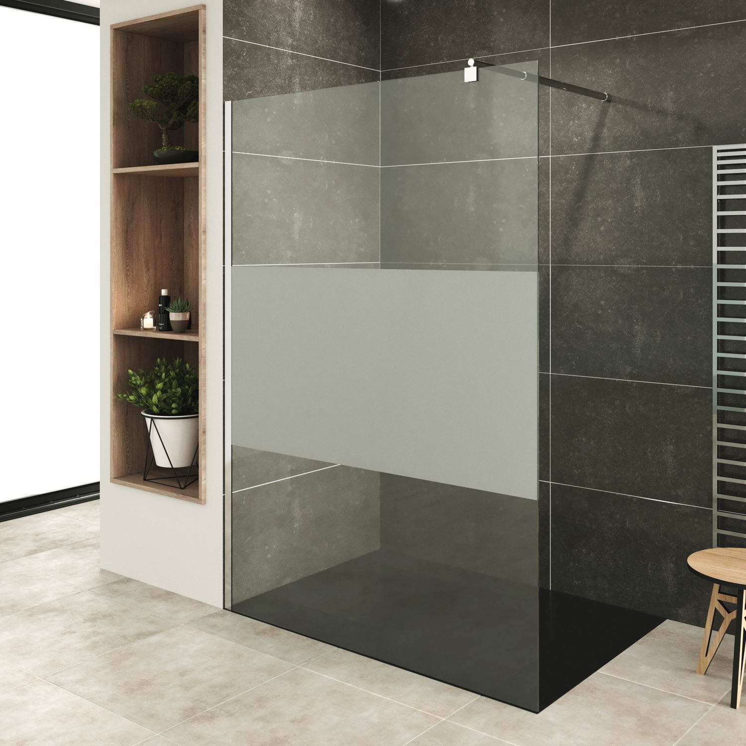 Walk In Dusche FIONA aus 10 mm teilsatiniertem ESG Sicherheitsglas und Edelstahl Profil