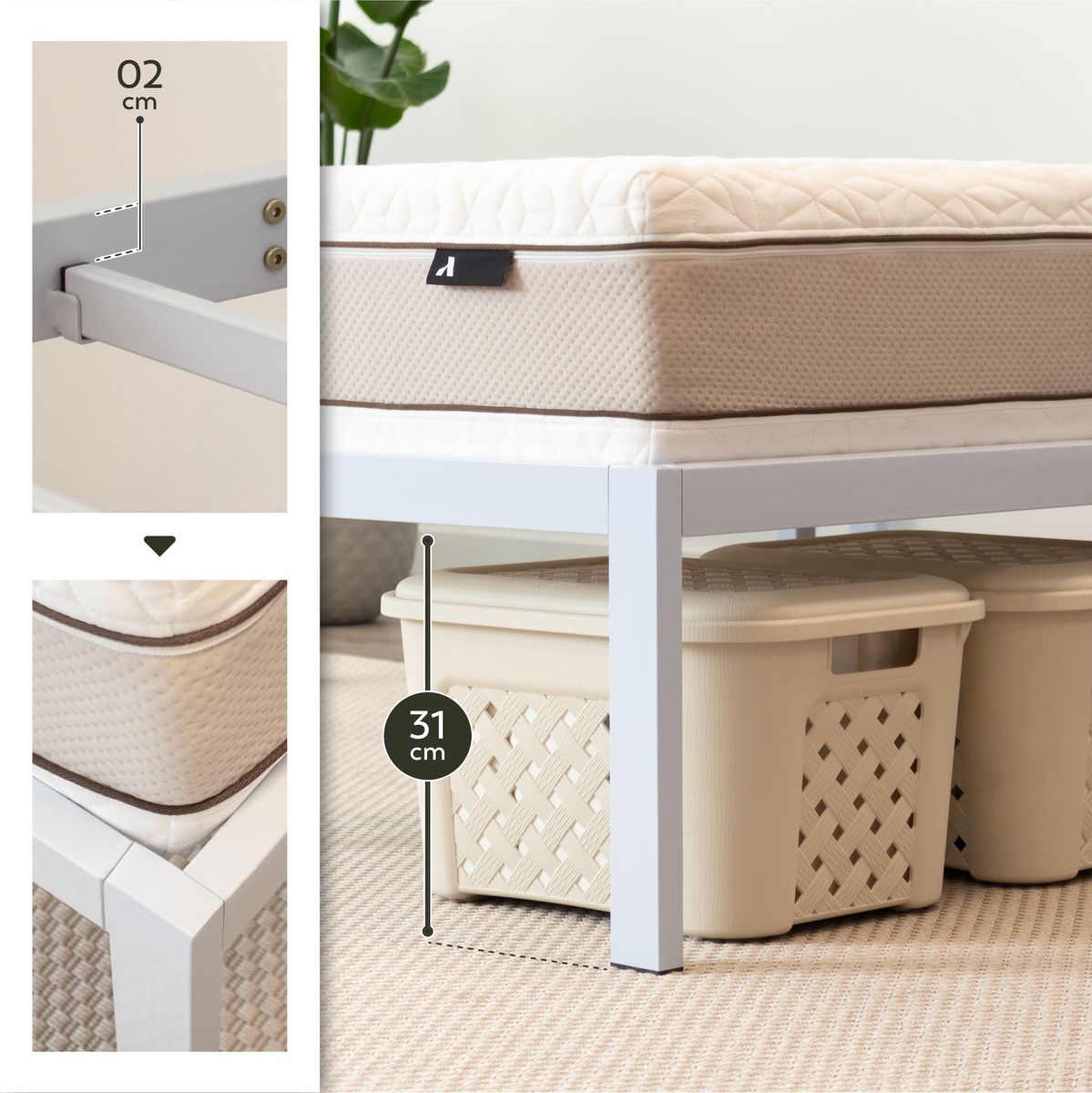 140x190cm Bettgestell – Gästebett Metallbett Sappho White mit Stauraum