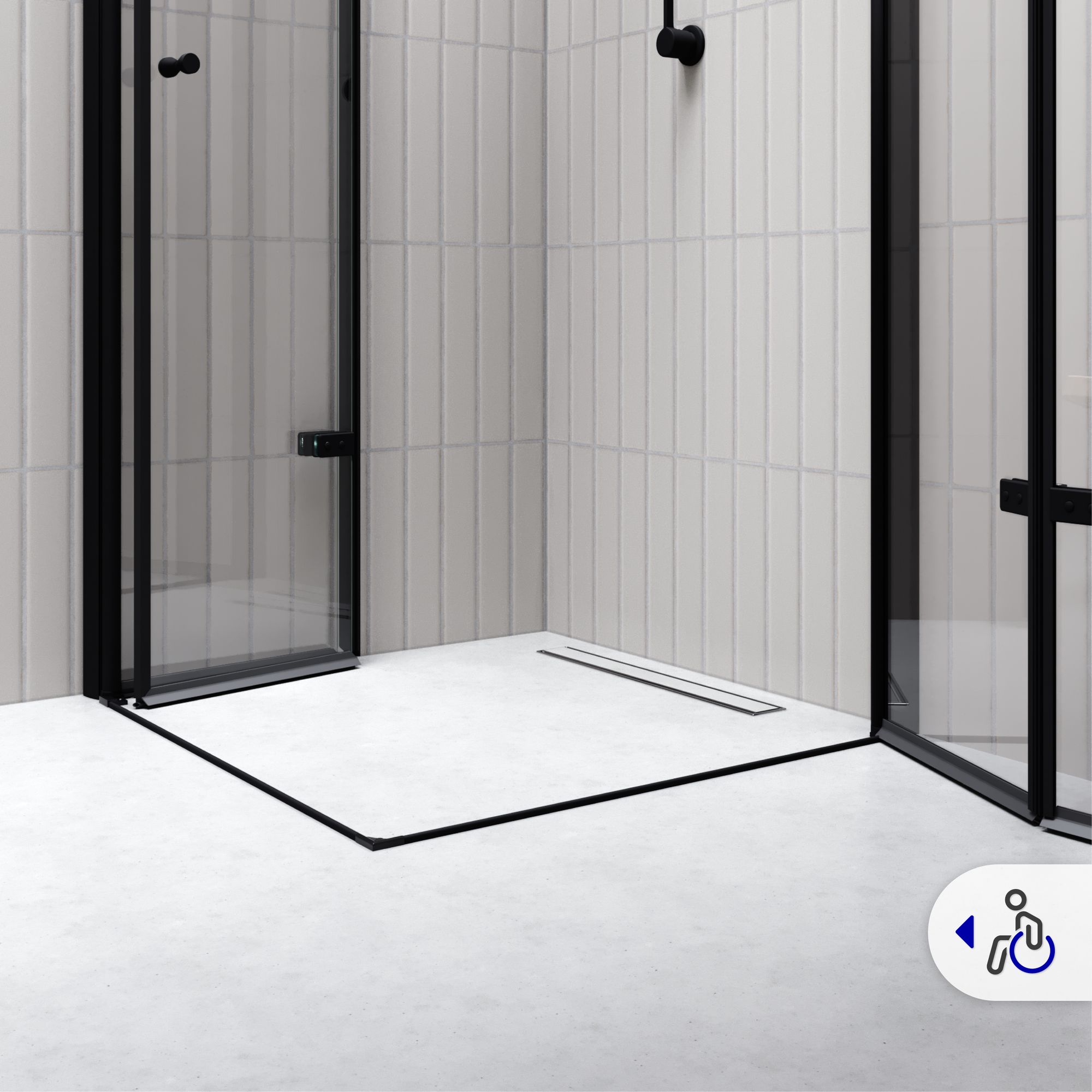 Eckeinstieg Emma BLACK mit Falttüren aus ESG Sicherheitsglas Emma – Corner Entry BLACK with Folding Doors made of ESG Safety Glass