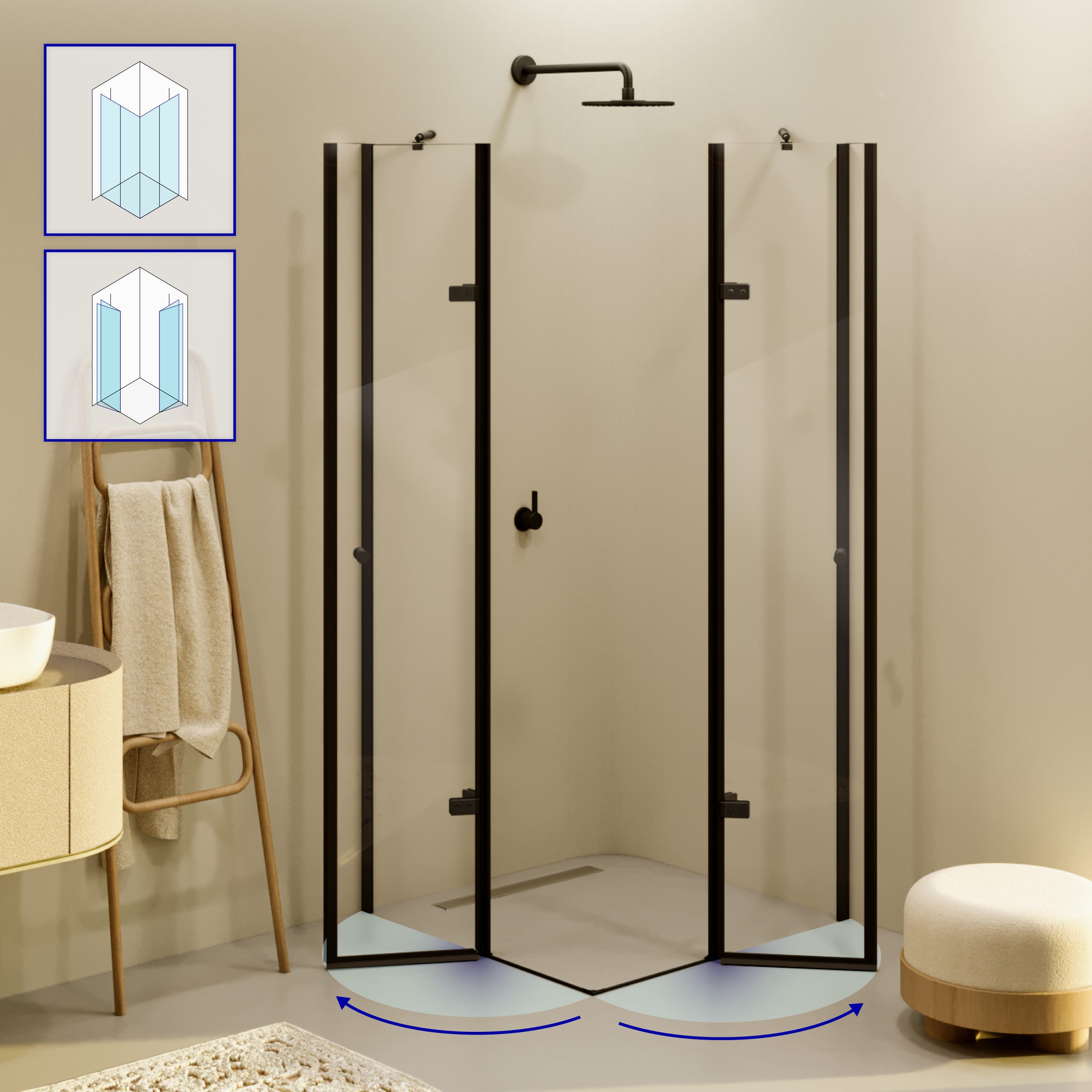 Alice – Corner Entry BLACK with Folding Doors made of ESG Safety Glass