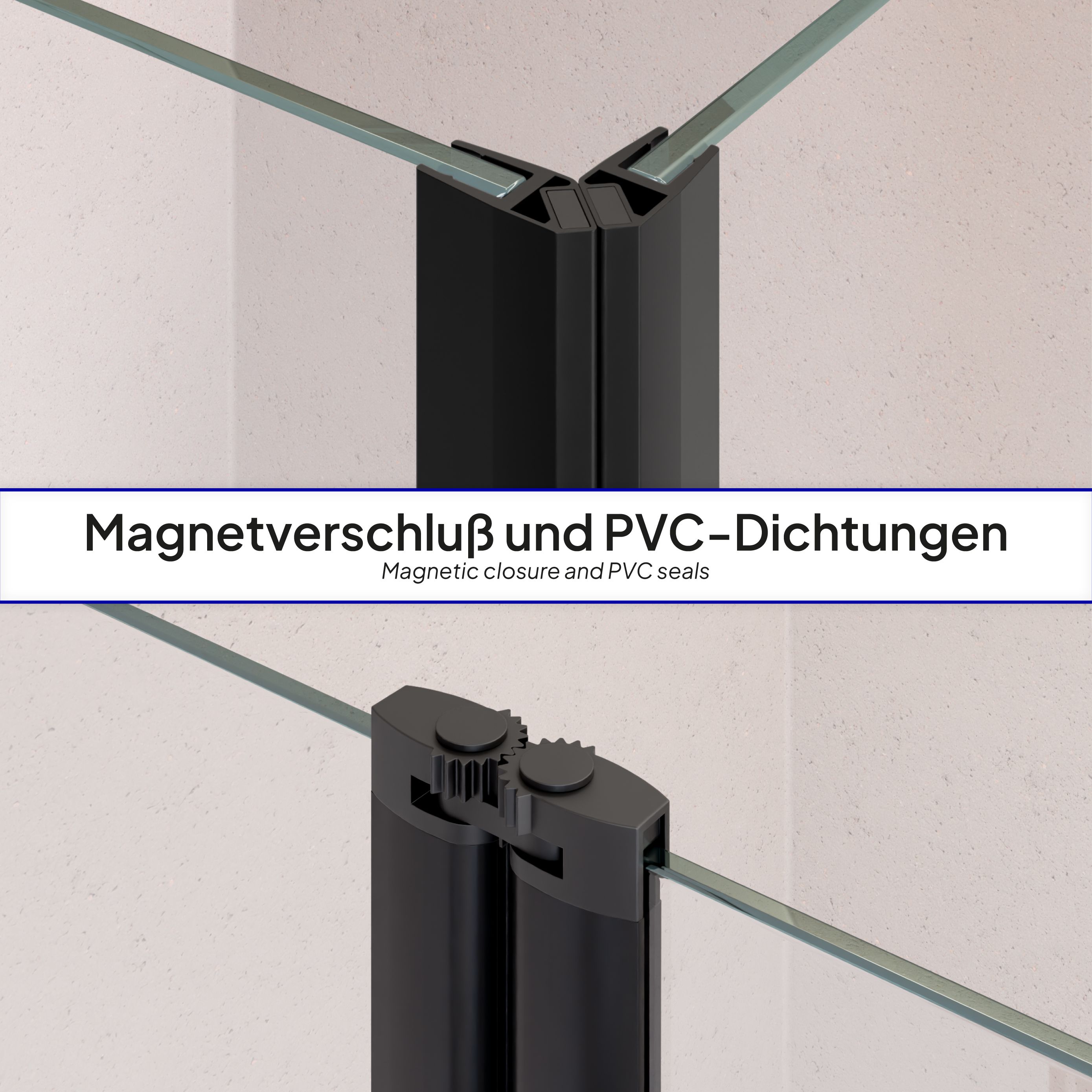 Corner entry Alina with folding doors and black profiles made of ESG safety glass. Alina – Corner entry with folding doors and black profiles made of ESG safety glass.
