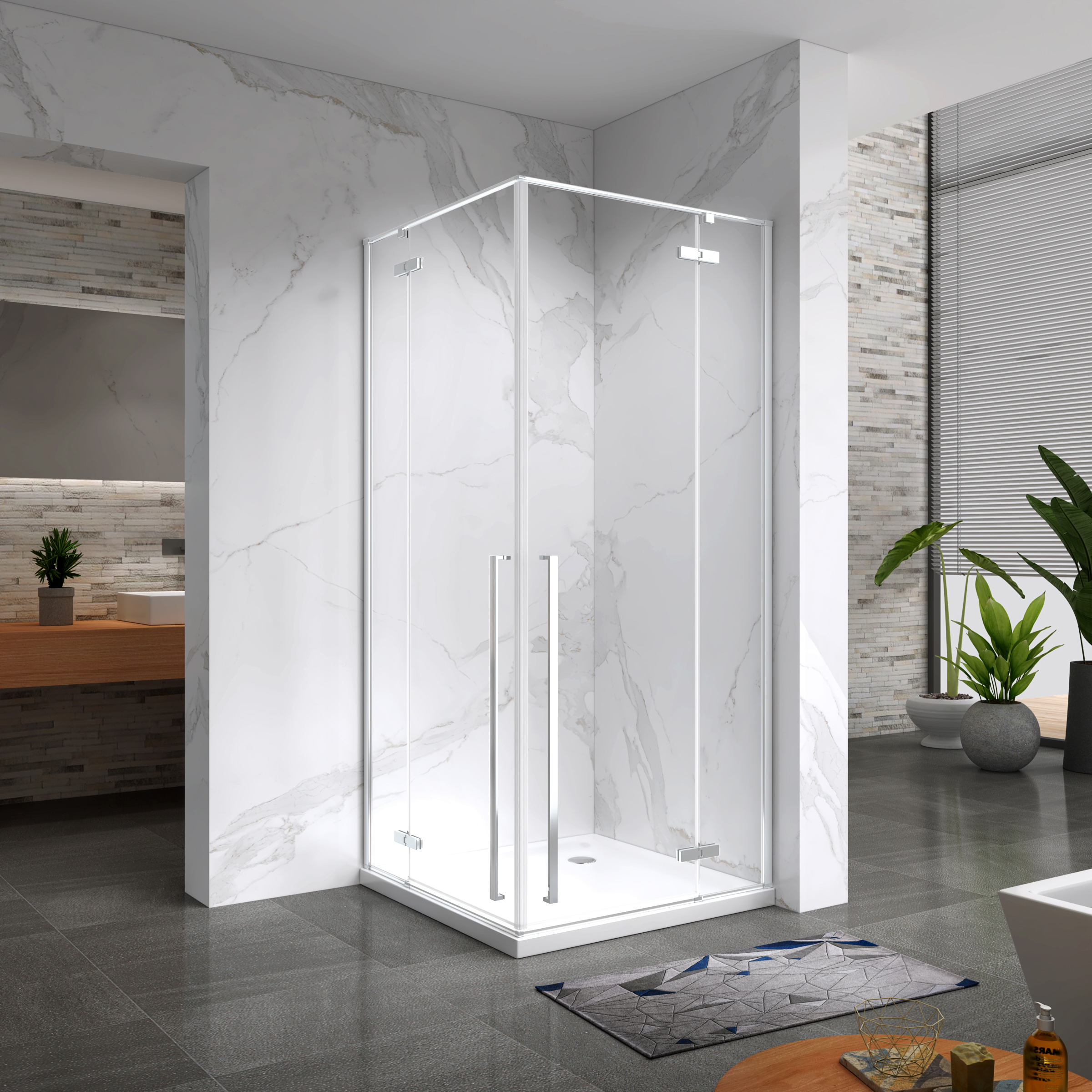 Eckeinstieg Jayla mit Drehtüren und weißen Profilen aus ESG Sicherheitsglas Eckeinstieg Jayla mit Drehtüren und weißen Profilen aus ESG Sicherheitsglas 190 cm-90x90 cm